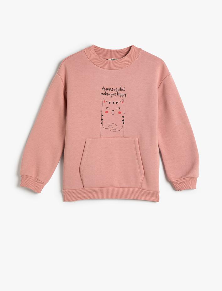 Kız Çocuk Sweatshirt Şardonlu Kedi Baskılı Yuvarlak Yaka Kanguru Cepli Pamuklu