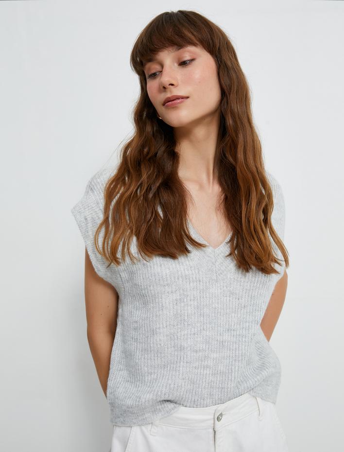  V Yaka Süveter Örgü Ribanalı