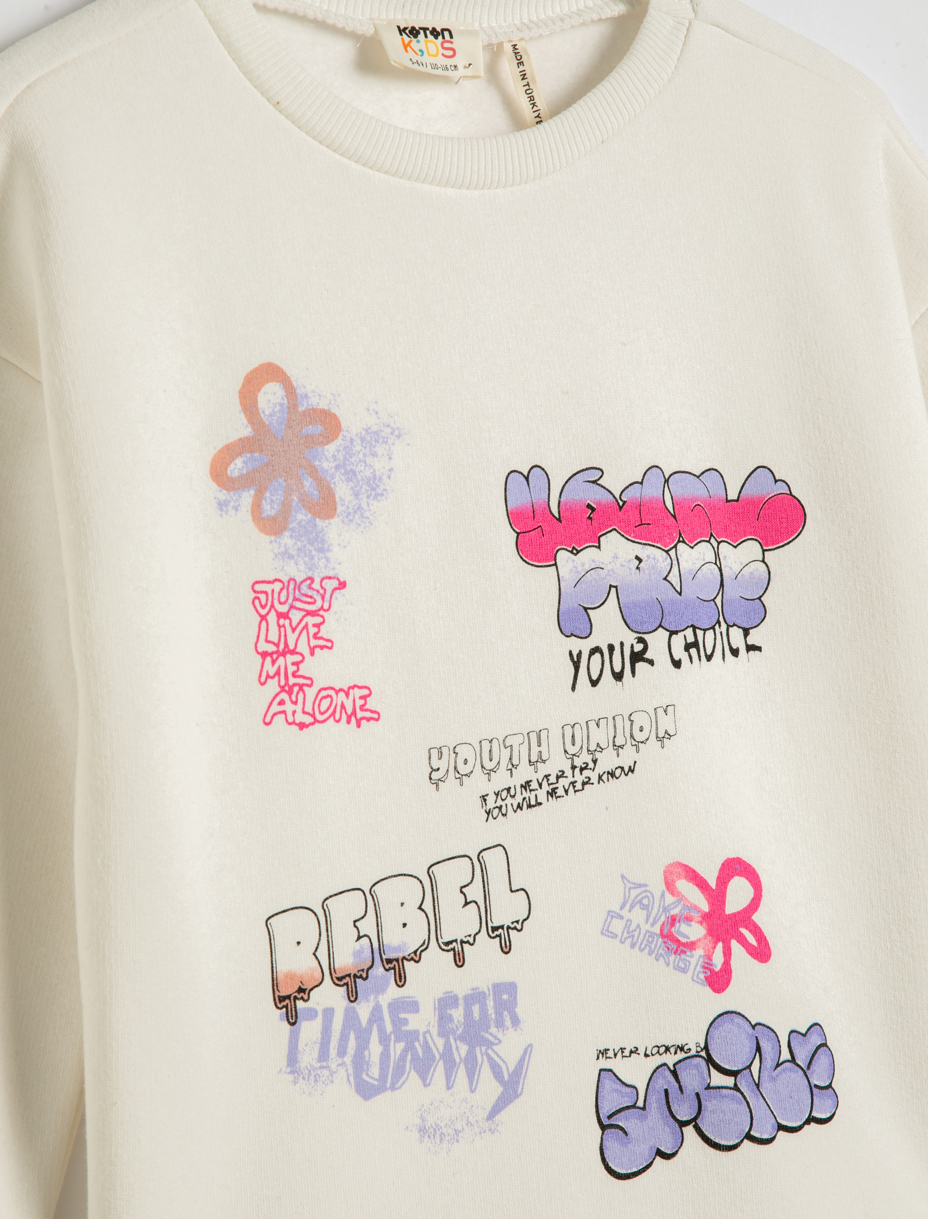  Kız Çocuk Baskılı Sweatshirt Şardonlu Uzun Kollu Bisiklet Yaka