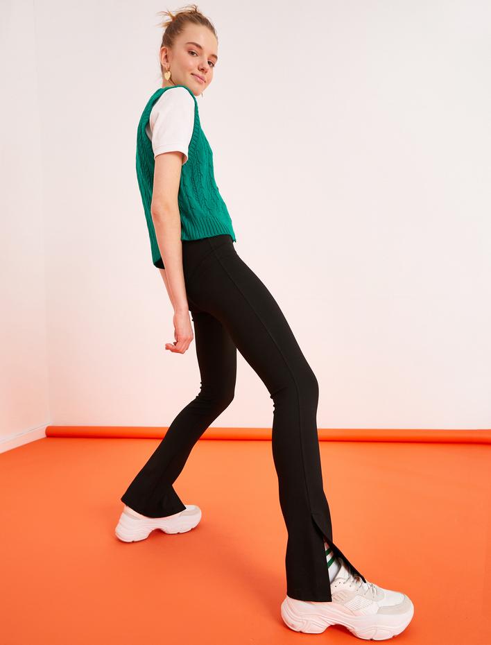  Yüksek Bel Paçası Yırtmaçlı Tayt