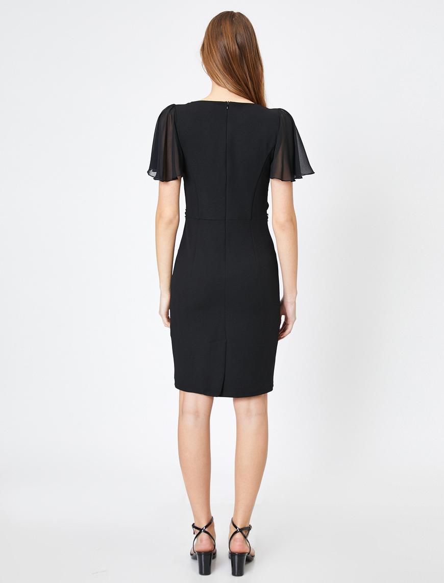   Şifon Drape Detaylı Kemerli Midi Boy Elbise