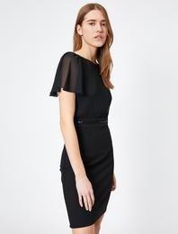 Şifon Drape Detaylı Kemerli Midi Boy Elbise
