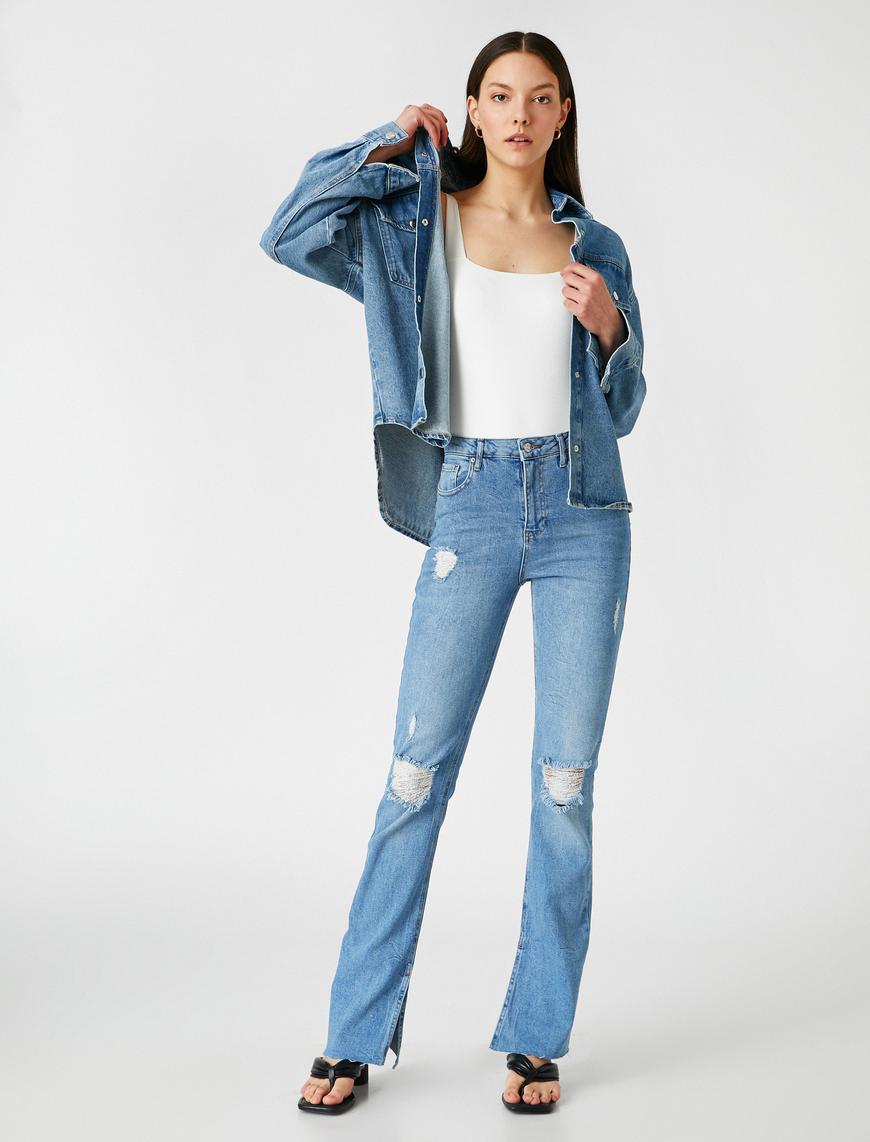   Dizi Yırtık Bol Paça Kot Pantolon - Slim Flare