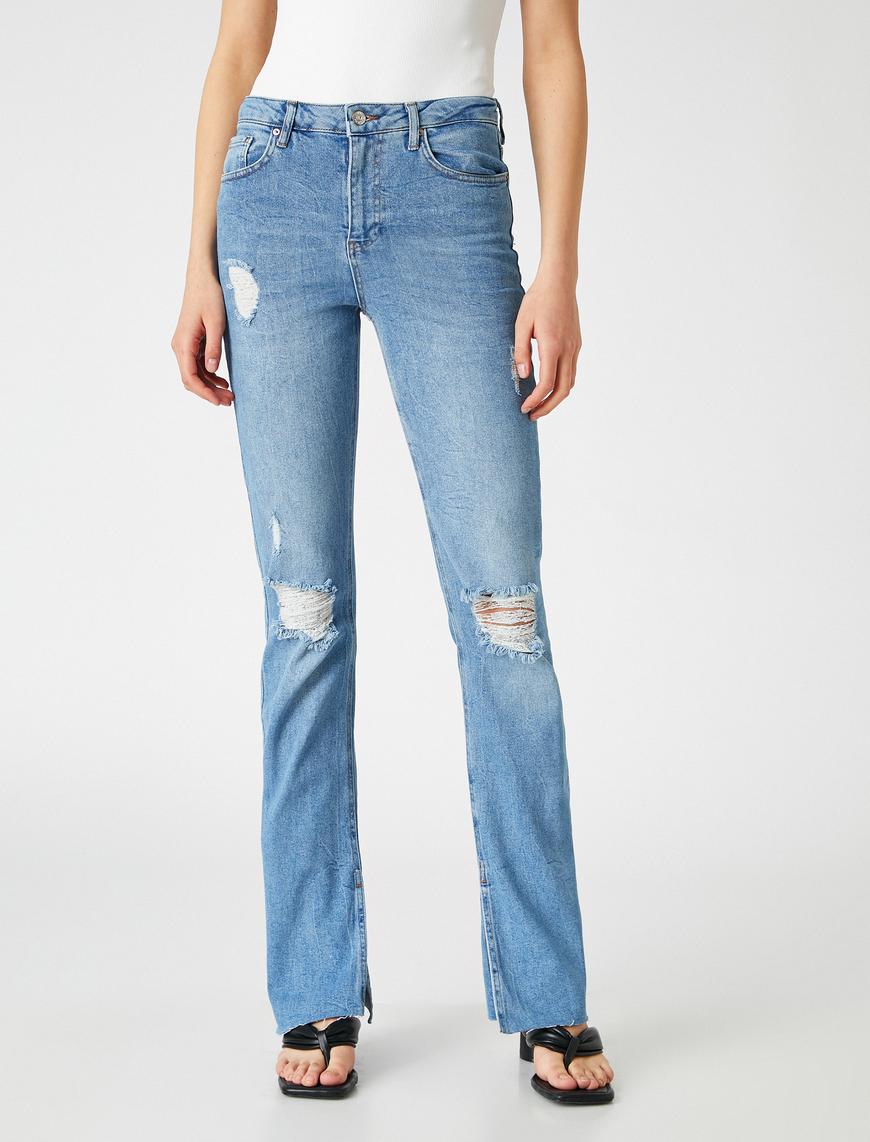   Dizi Yırtık Bol Paça Kot Pantolon - Slim Flare