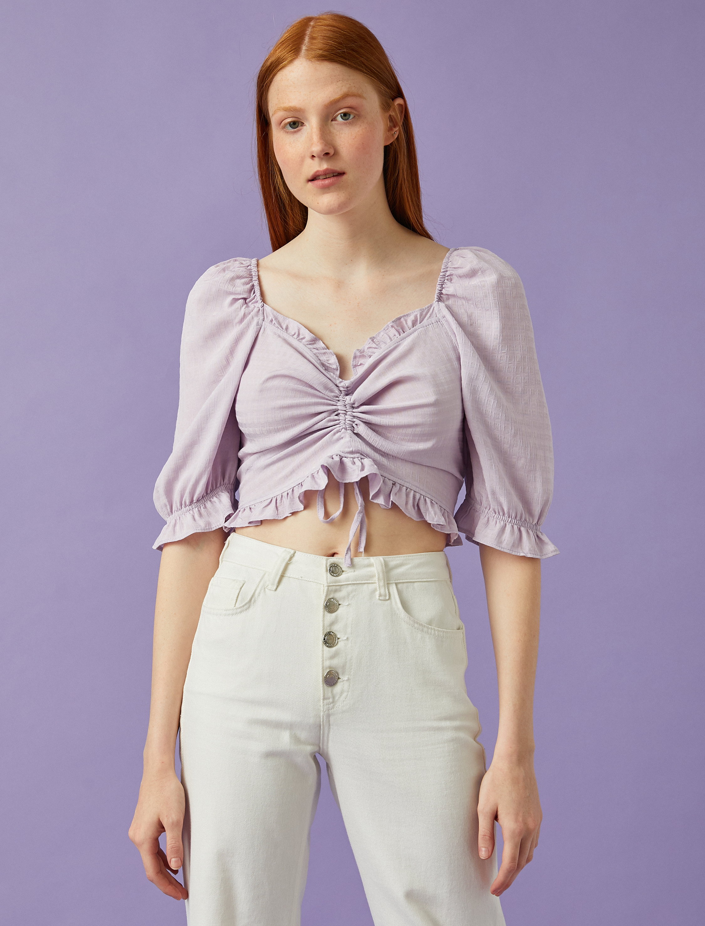   Crop Bluz Balon Kol Büzgülü