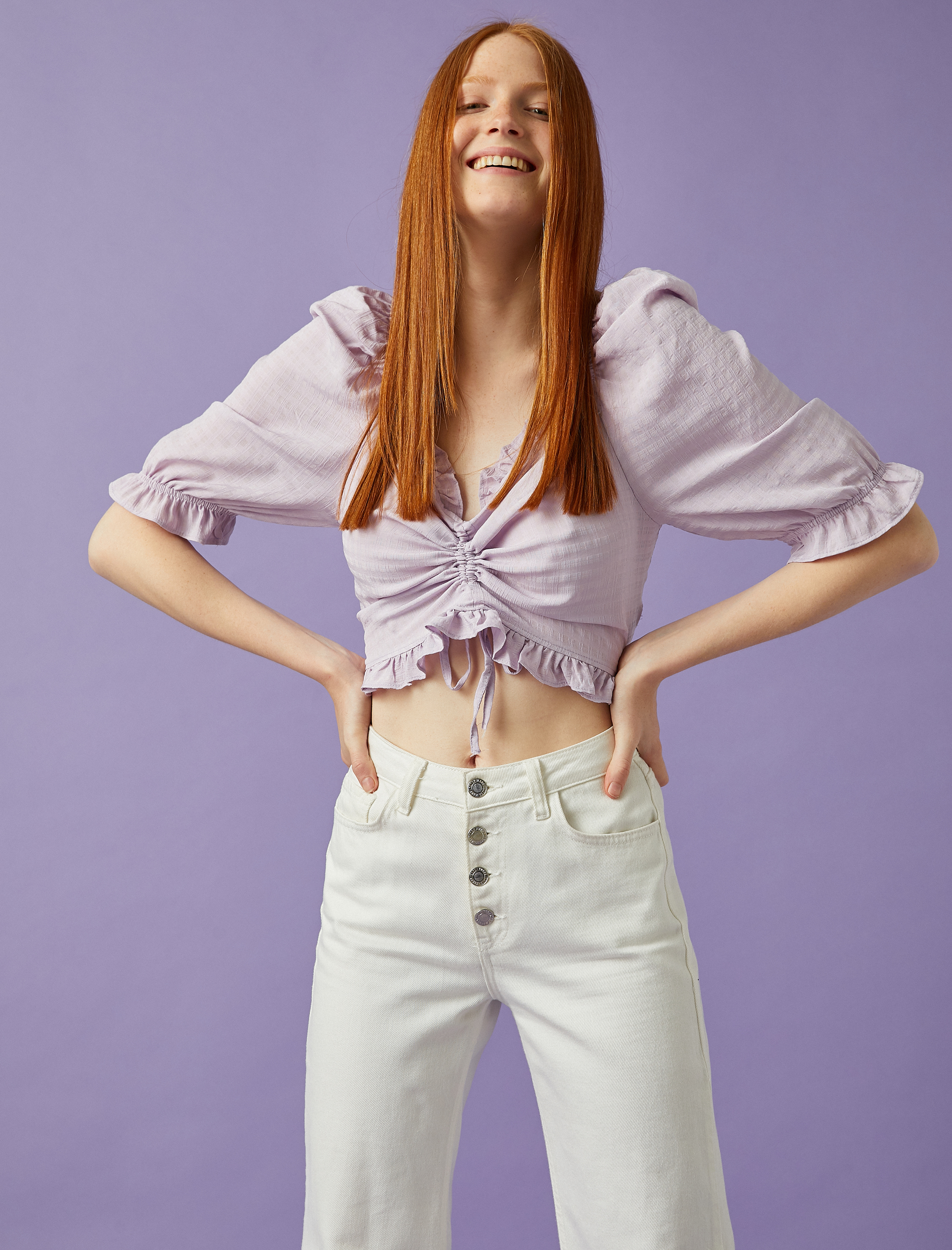   Crop Bluz Balon Kol Büzgülü