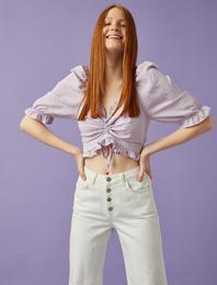 Crop Bluz Balon Kol Büzgülü