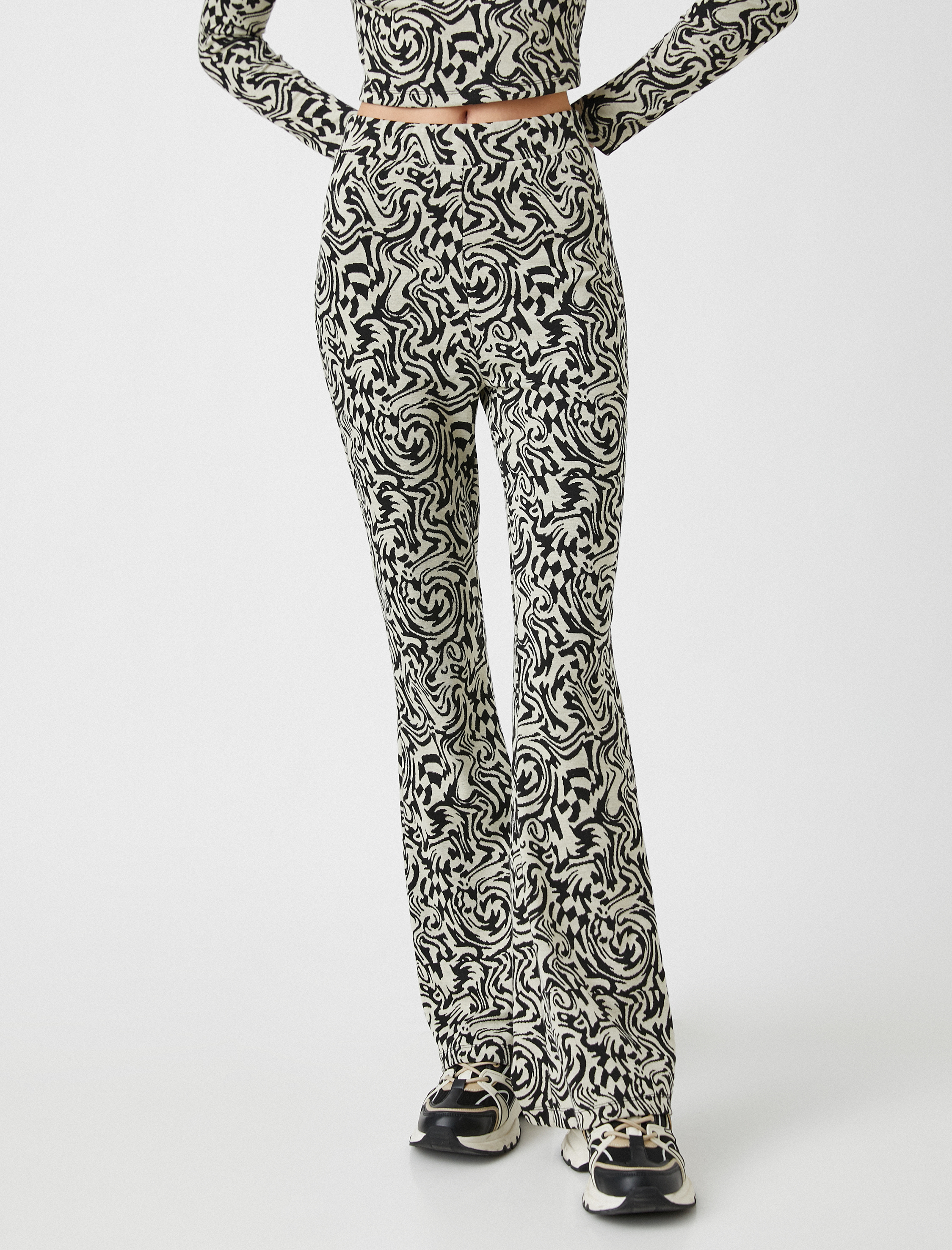   Desenli Yüksek Bel İspanyol Paça Pantolon