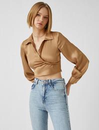 V Yaka Uzun Kollu Crop Bluz