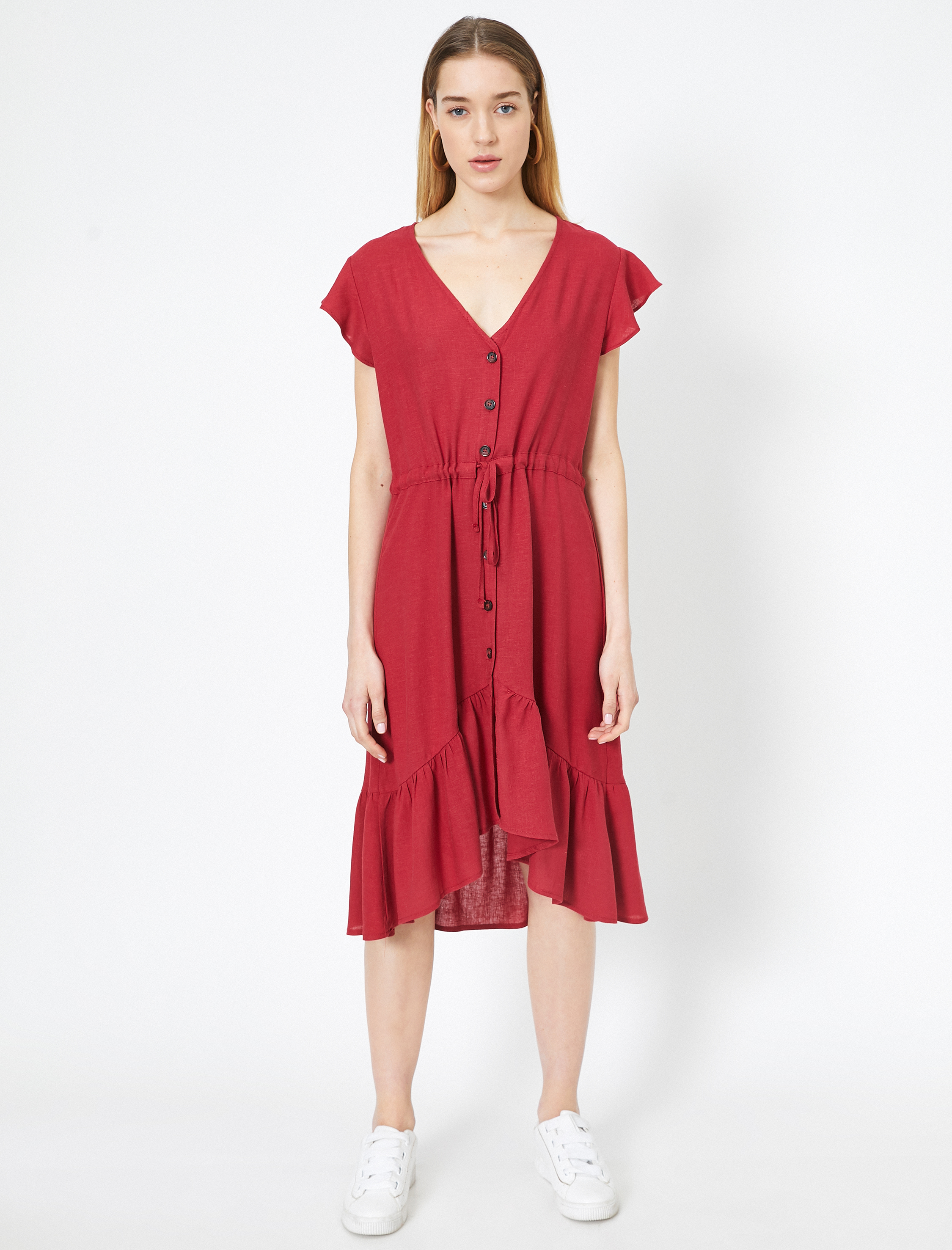   Düğme Detaylı Elbise Keten Karışımlı