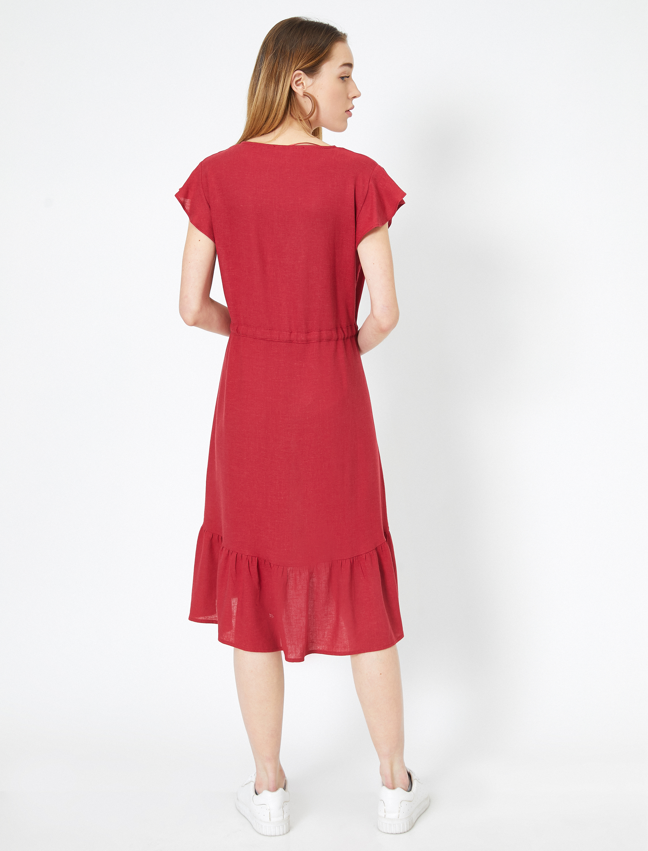   Düğme Detaylı Elbise Keten Karışımlı