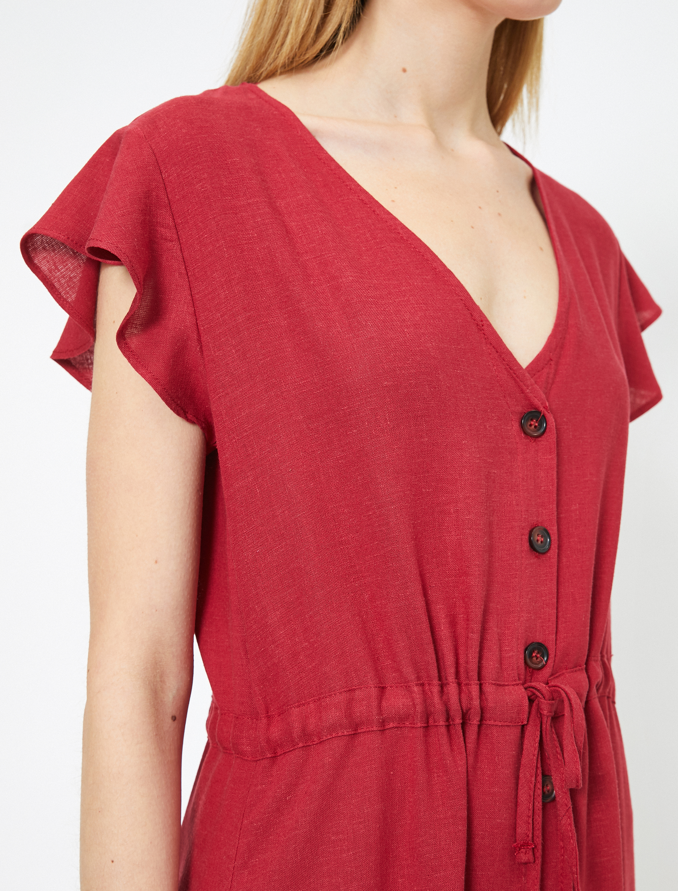   Düğme Detaylı Elbise Keten Karışımlı