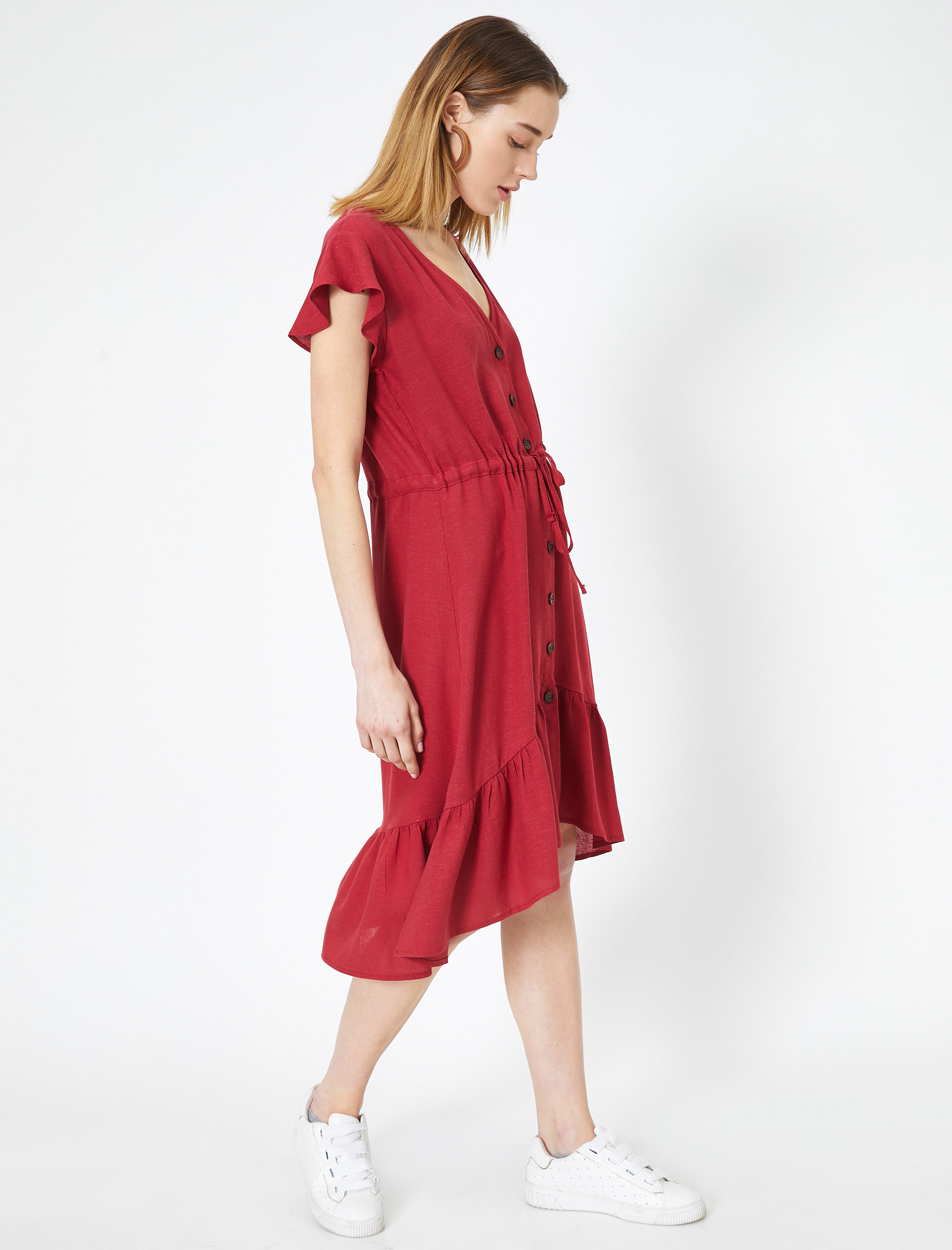   Düğme Detaylı Elbise Keten Karışımlı