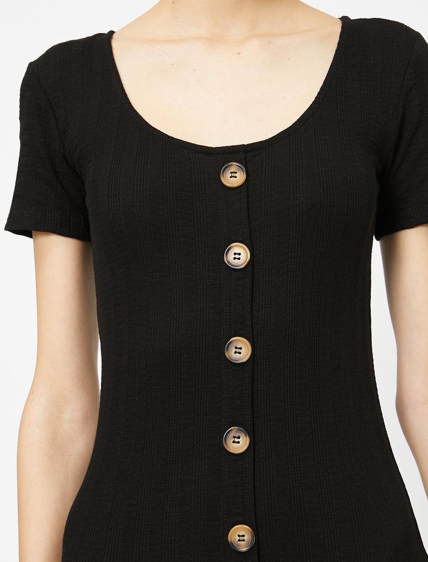  Önü Düğmeli Kısa Kollu Slim Mini Elbise