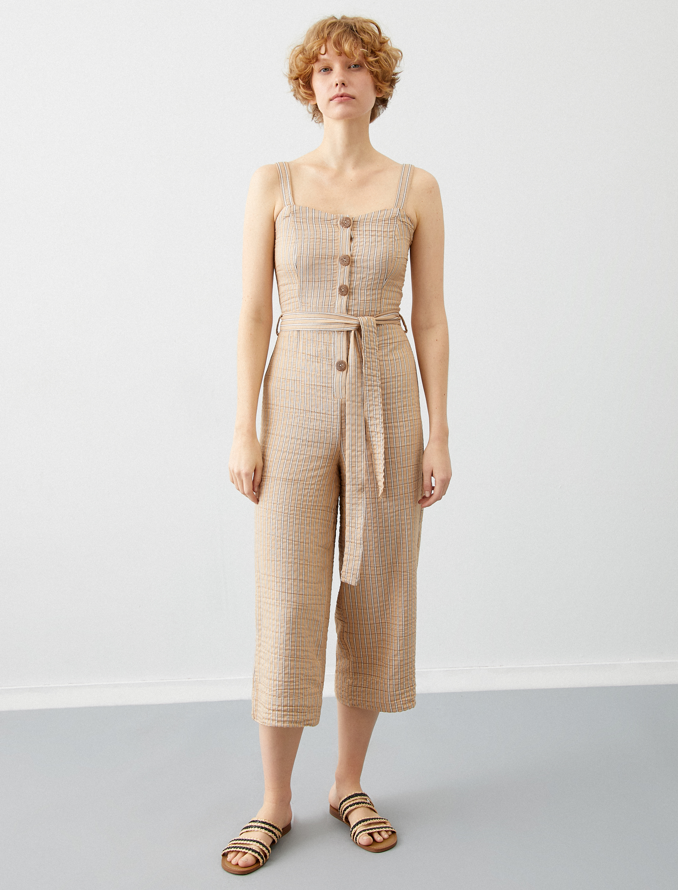 Kalın Askılı Düğmeli Çizgili Tulum