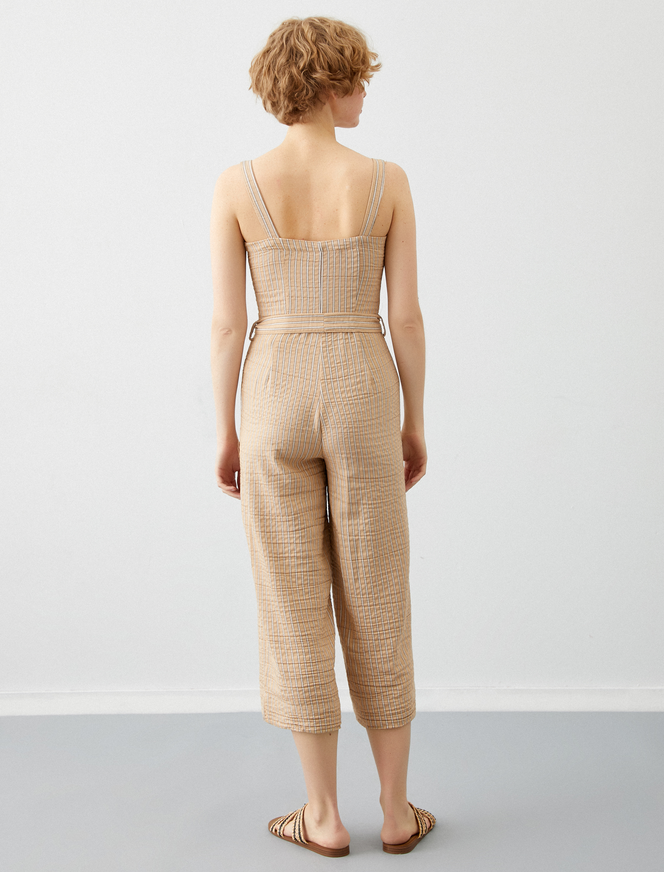 Kalın Askılı Düğmeli Çizgili Tulum