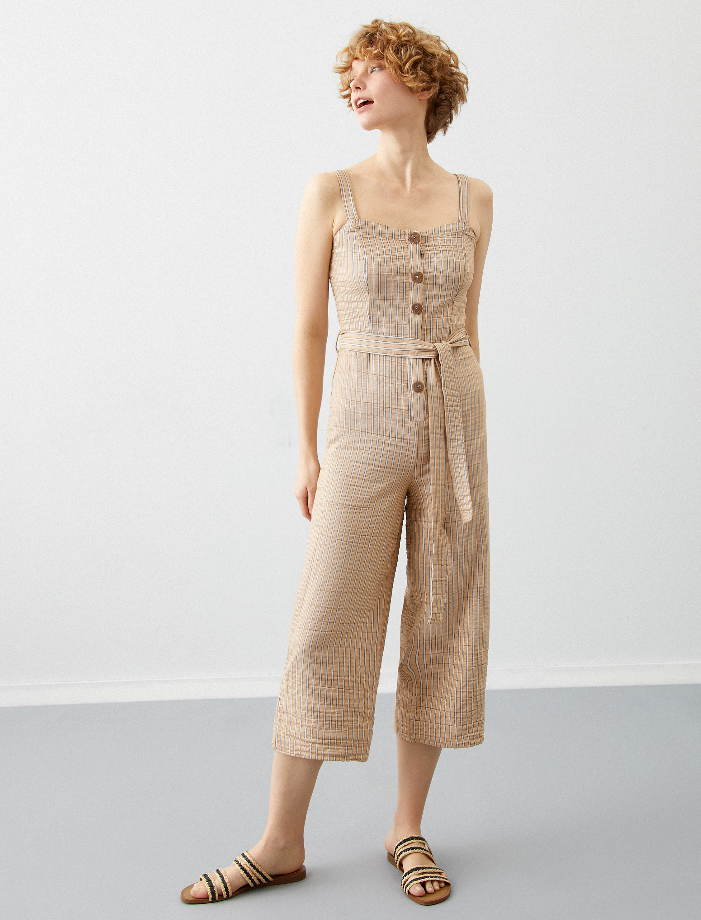 Kalın Askılı Düğmeli Çizgili Tulum