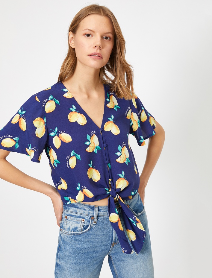  Desenli Bağlama Detaylı Gömlek