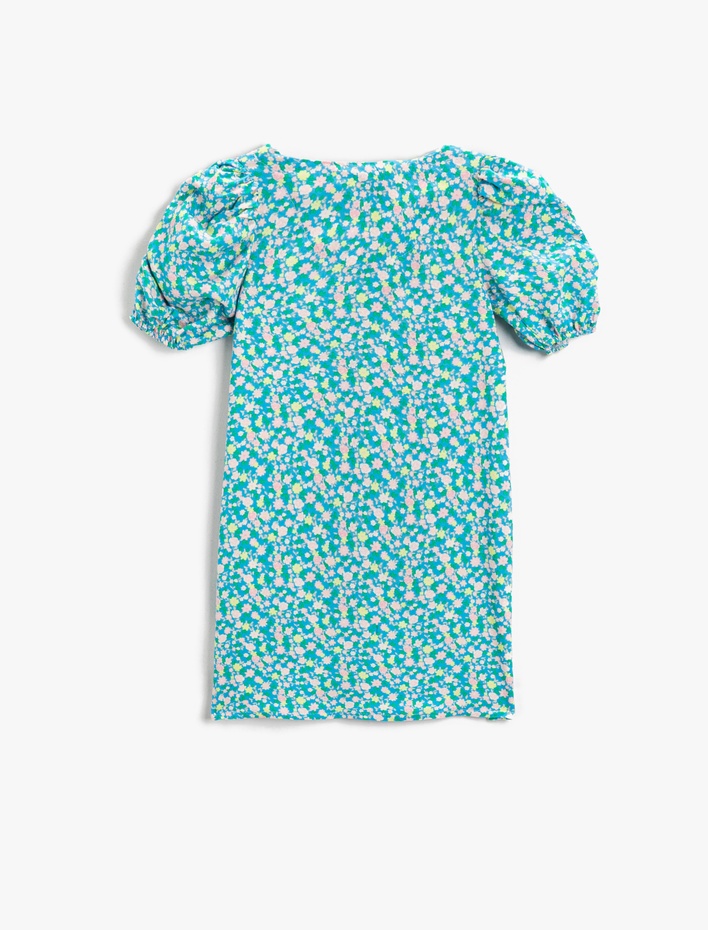 Kız Çocuk Elbise Çiçek Baskılı Düğmeli Bisiklet Yaka Balon Kollu Mini