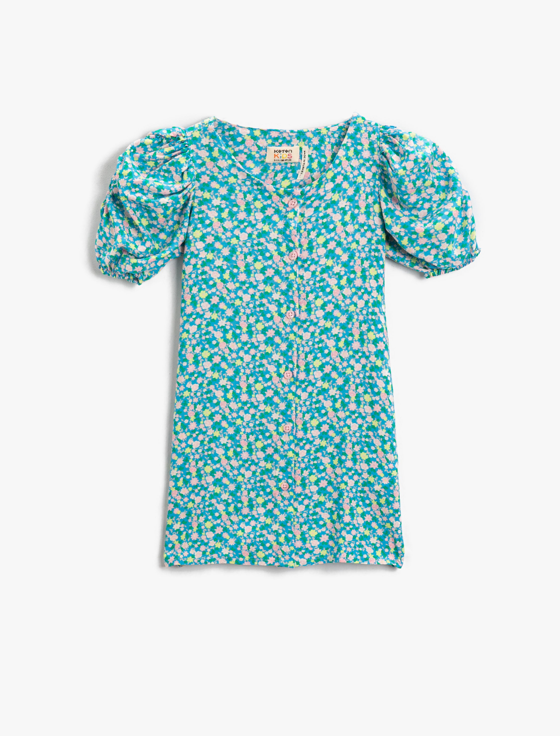  Kız Çocuk Elbise Çiçek Baskılı Düğmeli Bisiklet Yaka Balon Kollu Mini