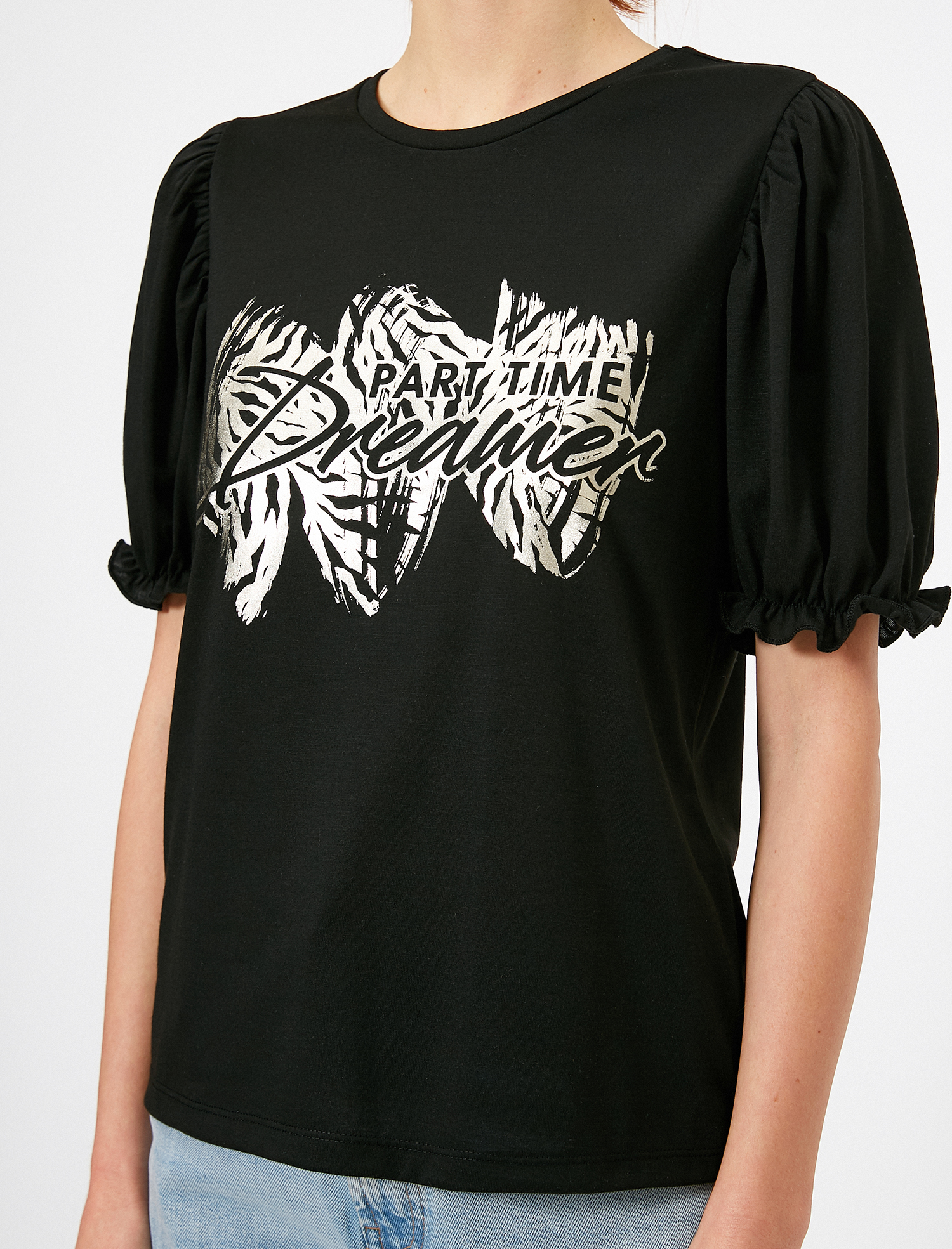   Balon Kollu Varak Baskı Detaylı Bisiklet Yaka Tişört