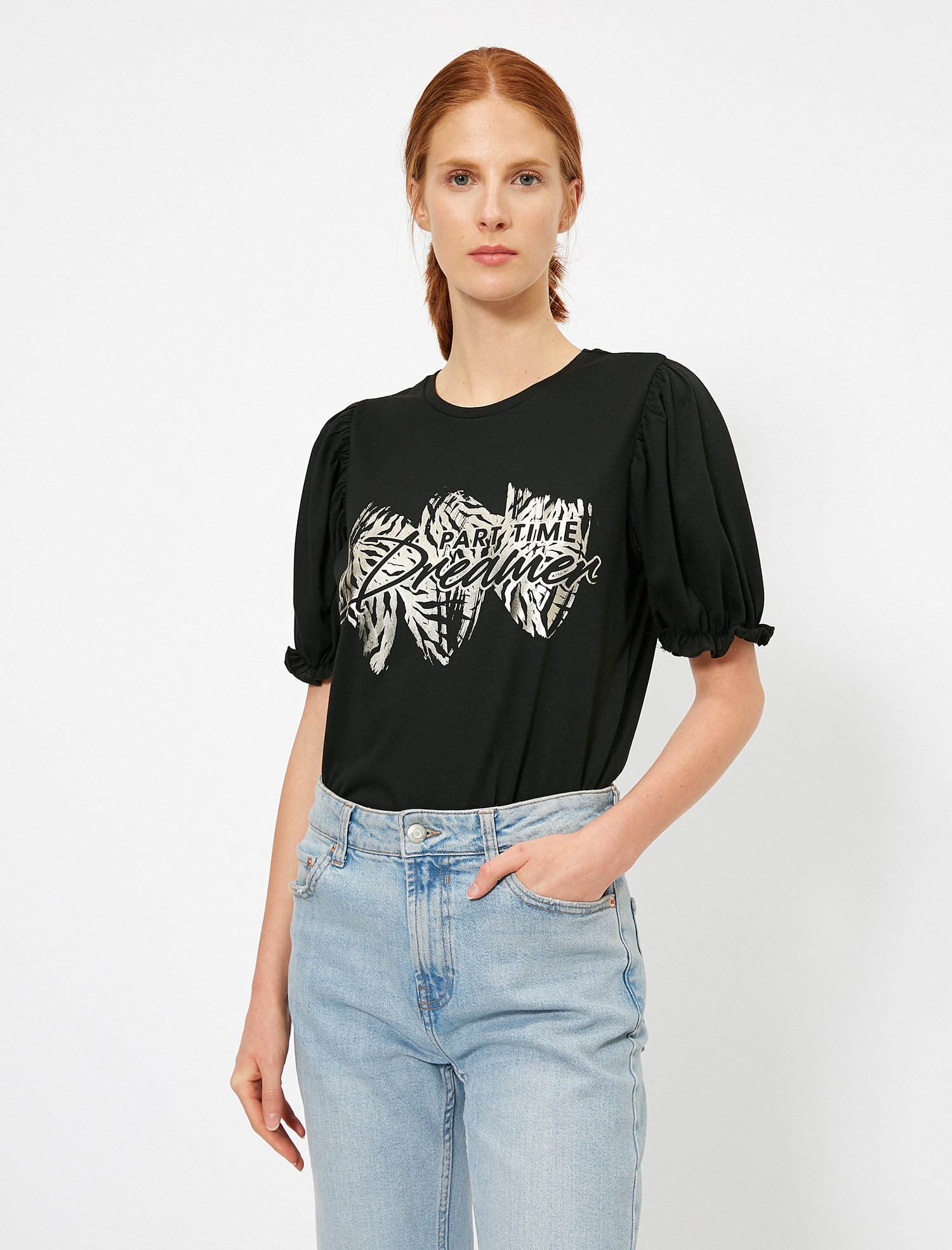   Balon Kollu Varak Baskı Detaylı Bisiklet Yaka Tişört