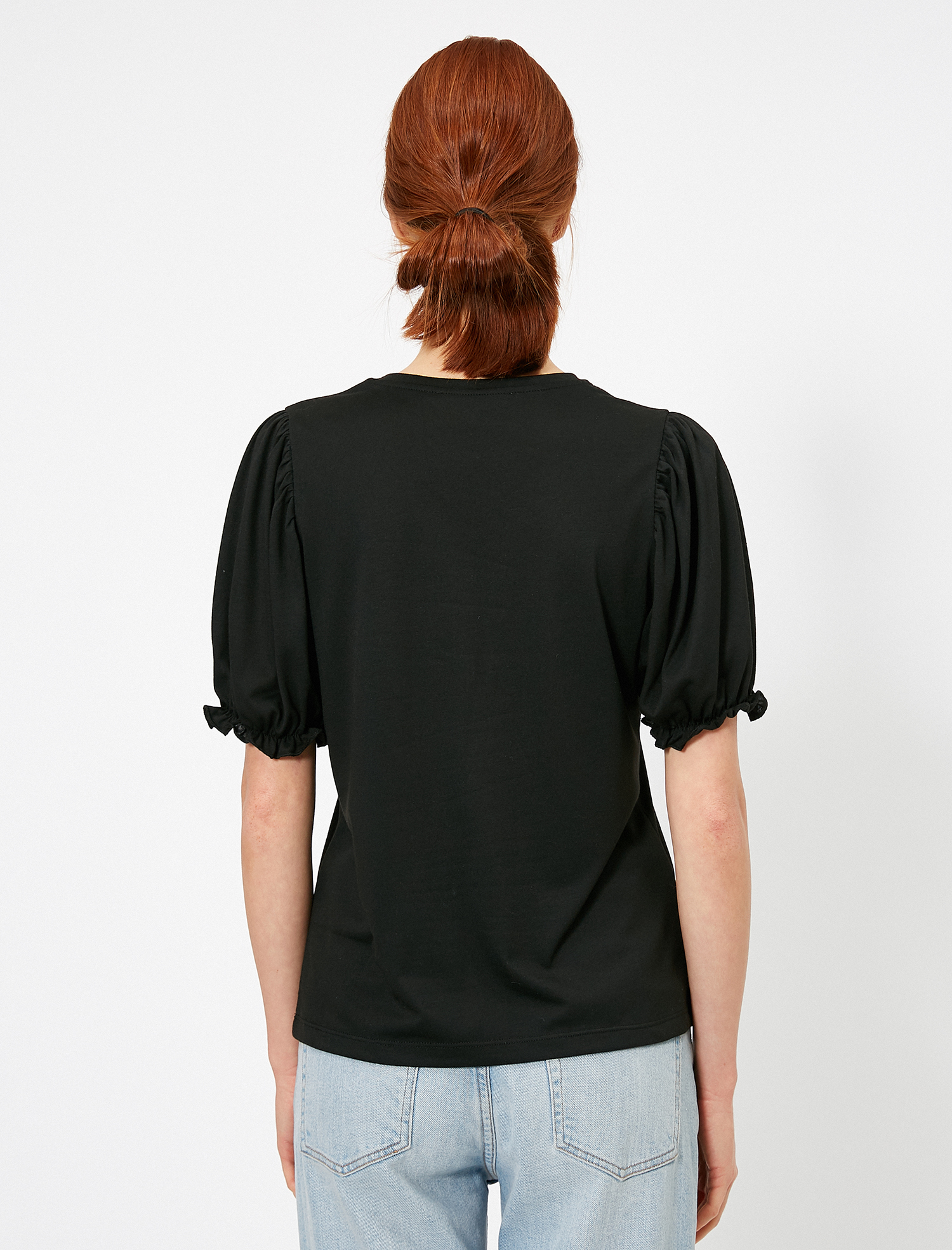   Balon Kollu Varak Baskı Detaylı Bisiklet Yaka Tişört