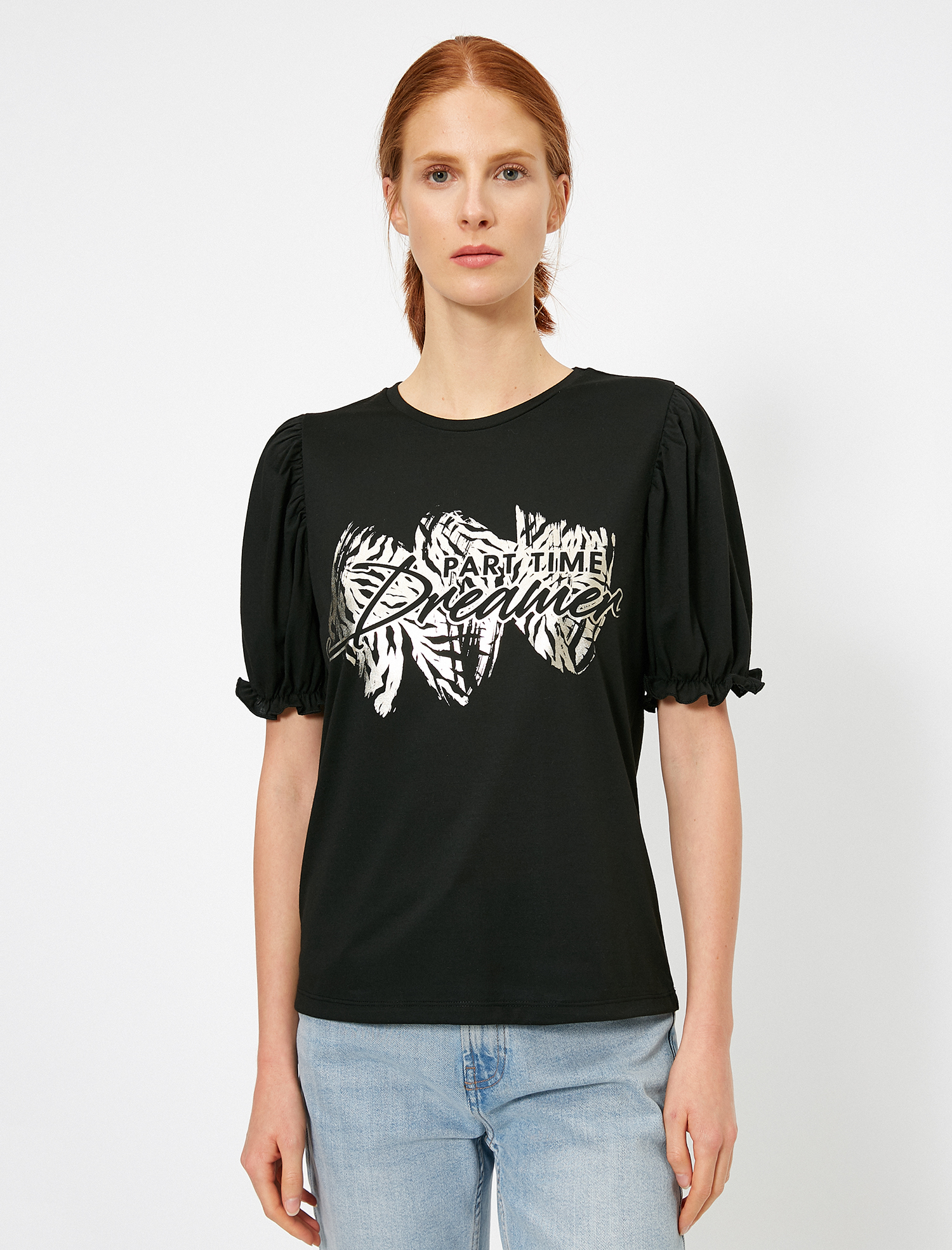   Balon Kollu Varak Baskı Detaylı Bisiklet Yaka Tişört