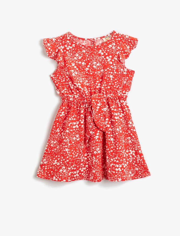 Kız Çocuk Elbise Kelebek Kol Beli Lastikli Kemer Detaylı Bisiklet Yaka Çiçek Desenli