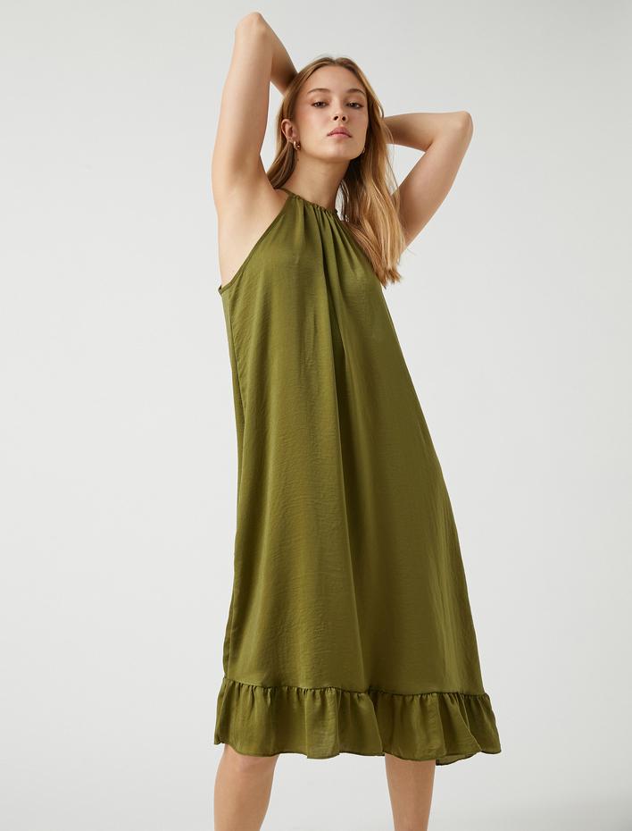  Fırfırlı Midi Boy Elbise Halter Yaka