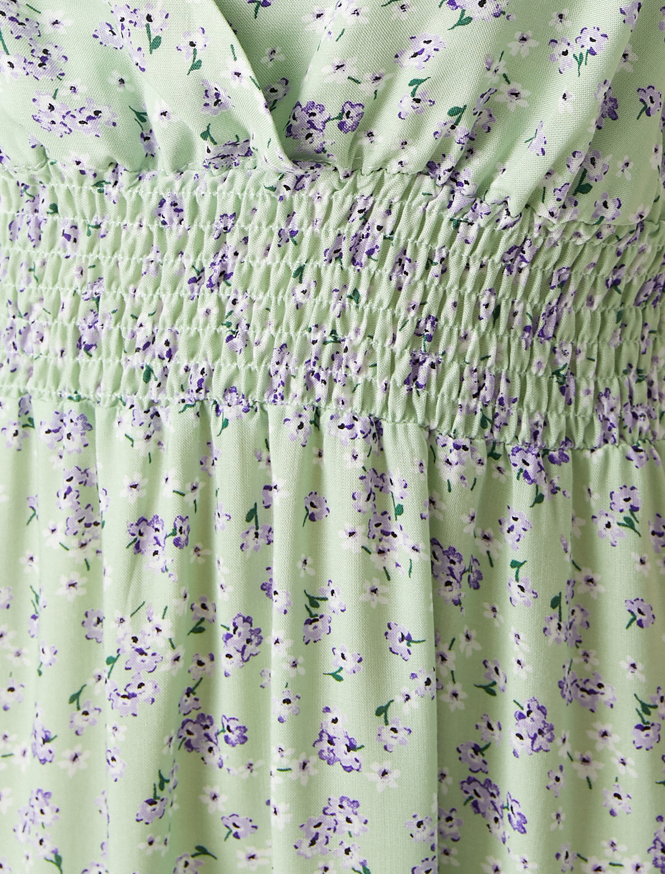   Çiçekli Fırfırlı Midi Elbise Askılı V Yaka