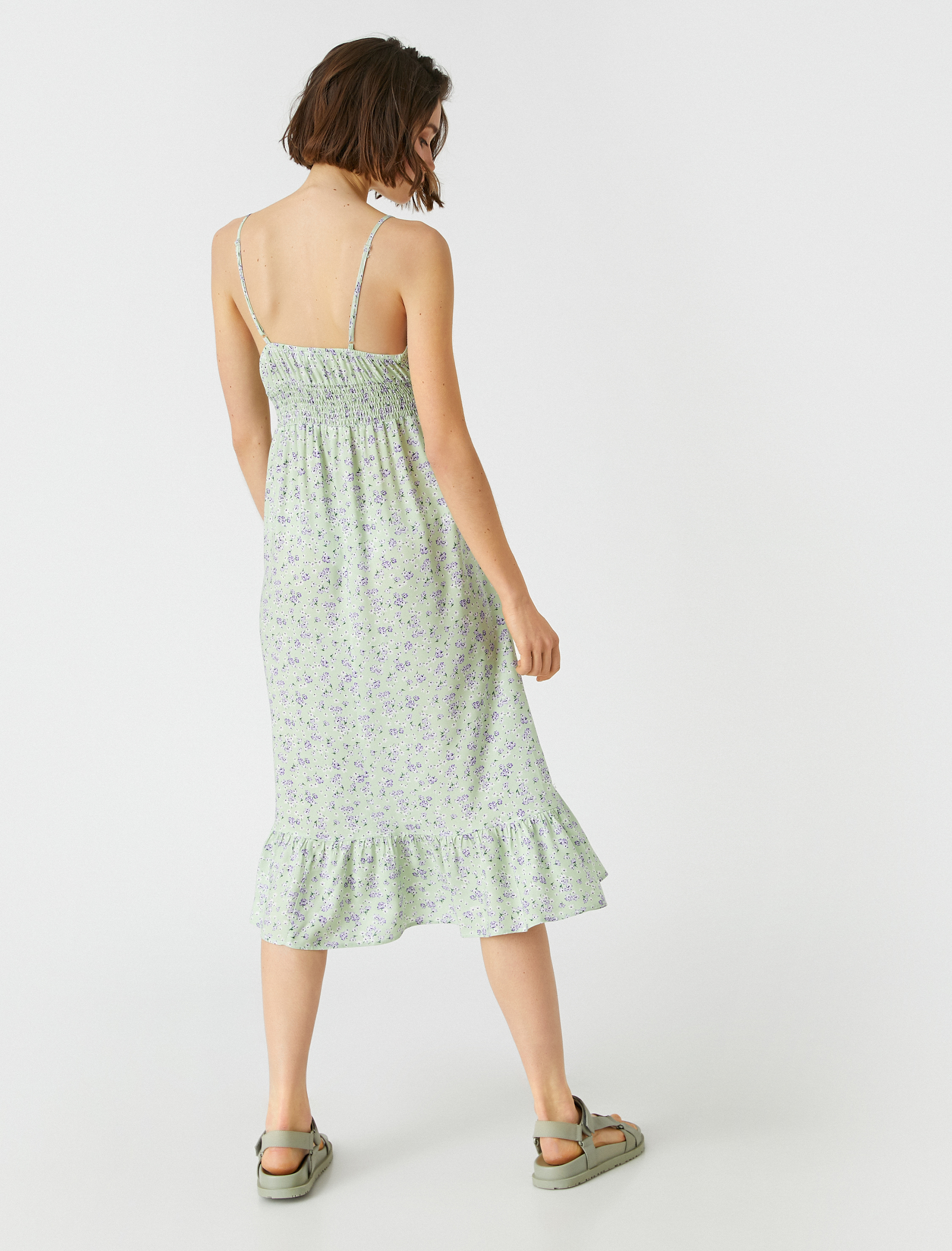   Çiçekli Fırfırlı Midi Elbise Askılı V Yaka