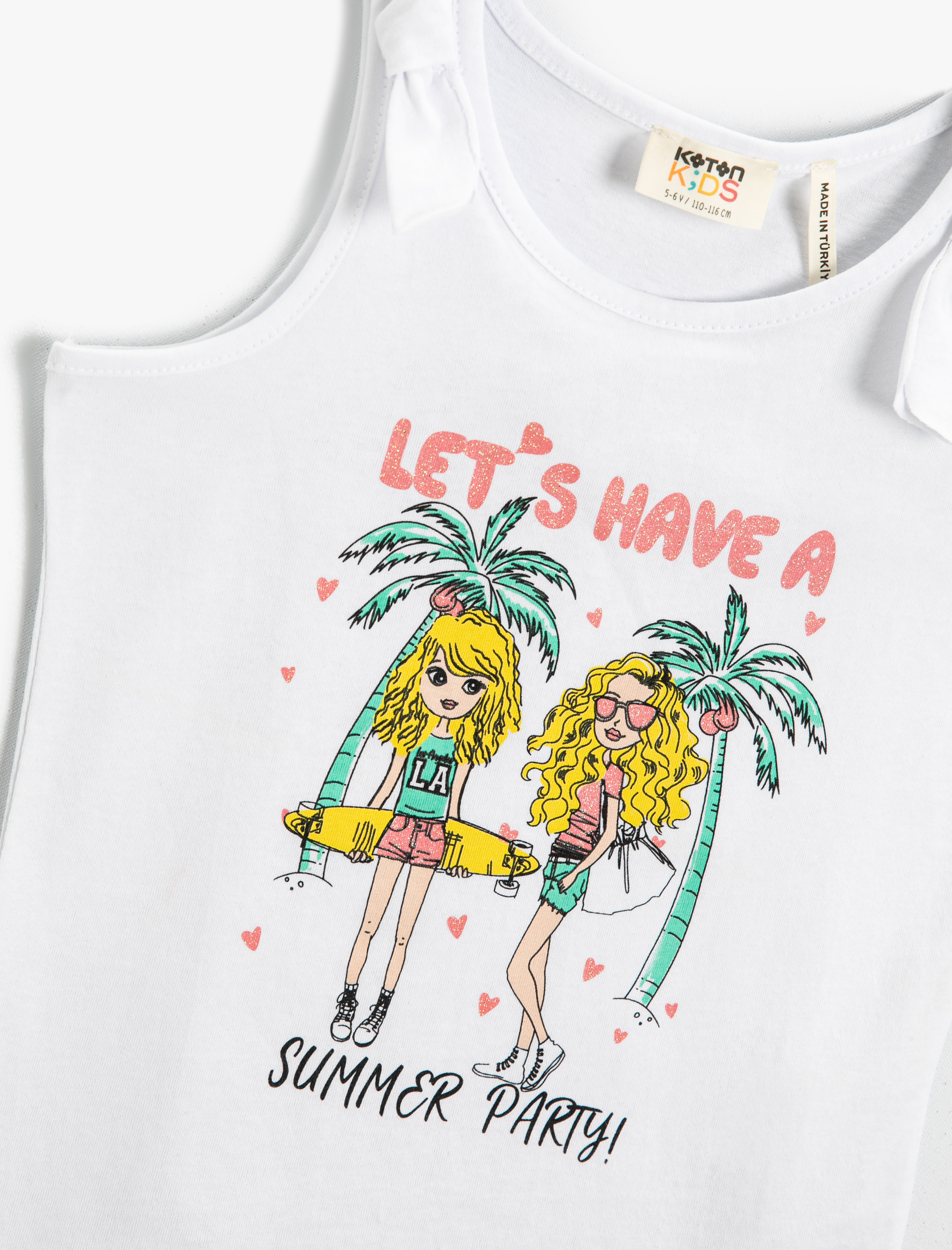  Kız Çocuk Slogan Baskılı Atlet Fiyonk Detaylı Bisiklet Yaka Pamuklu