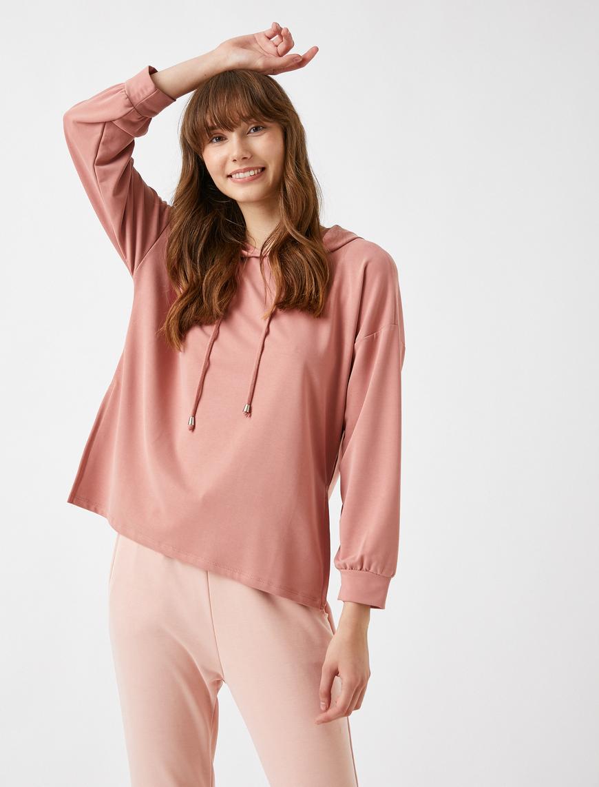   Basic Kapüşonlu Sweatshirt Yırtmaç Detaylı