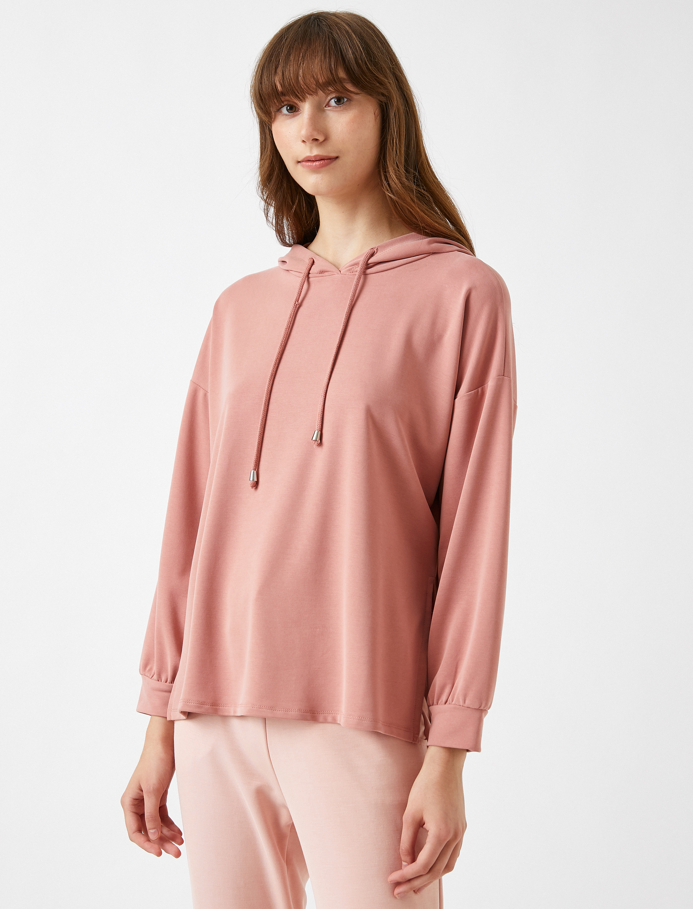   Basic Kapüşonlu Sweatshirt Yırtmaç Detaylı