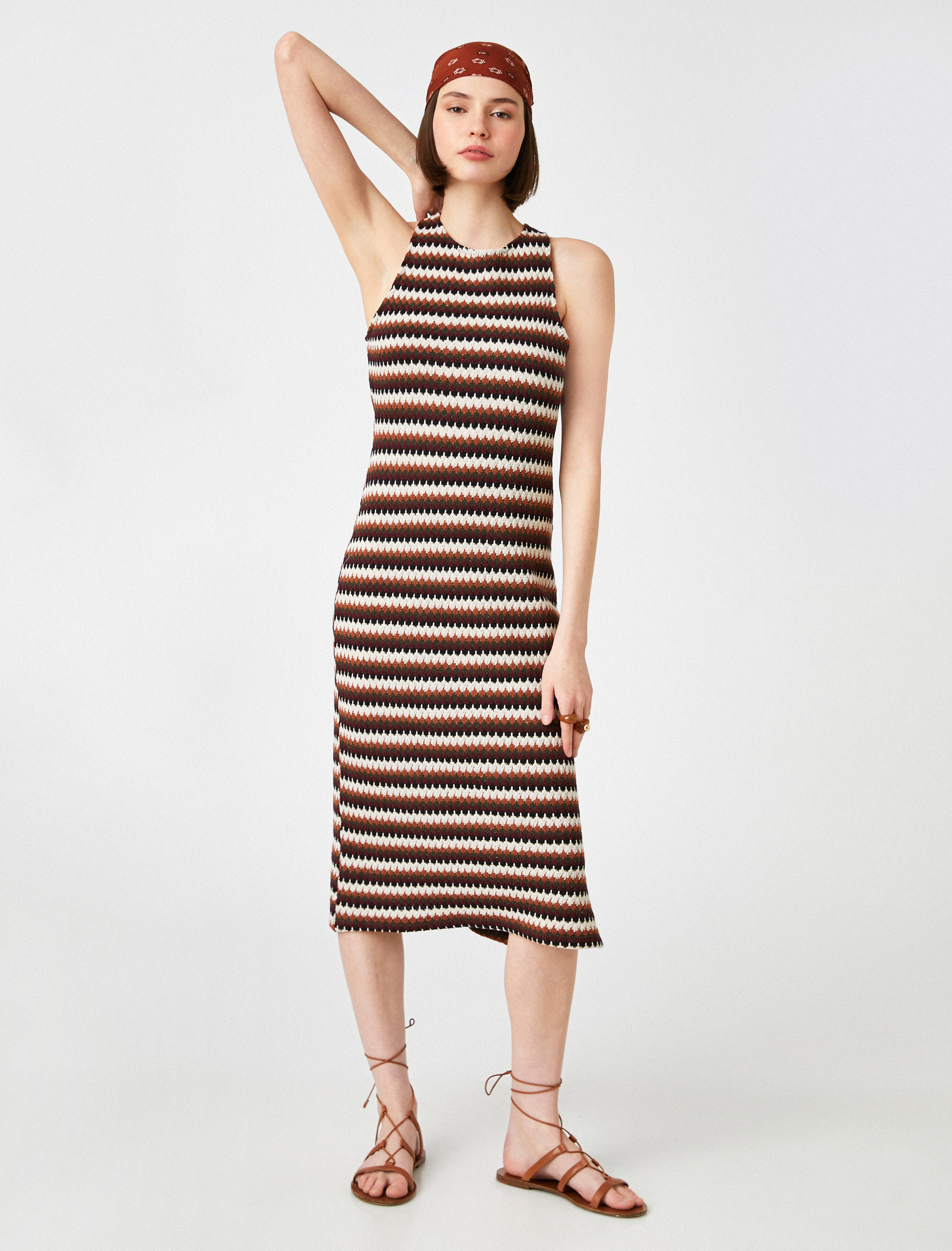   Örgü Detaylı Çizgili Midi Elbise