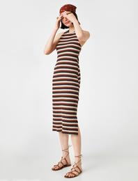 Örgü Detaylı Çizgili Midi Elbise