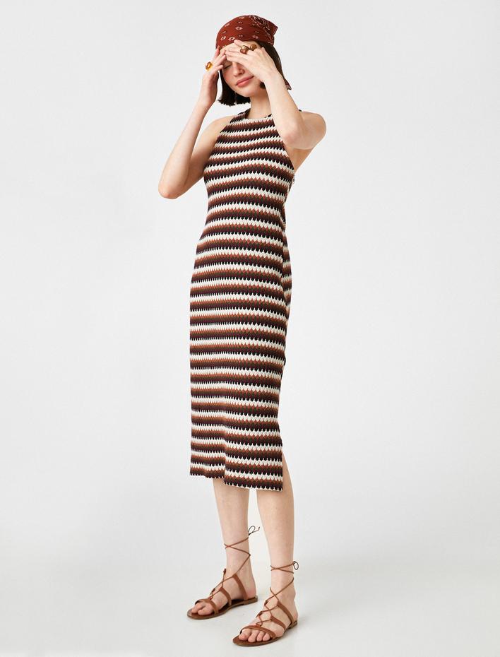  Örgü Detaylı Çizgili Midi Elbise