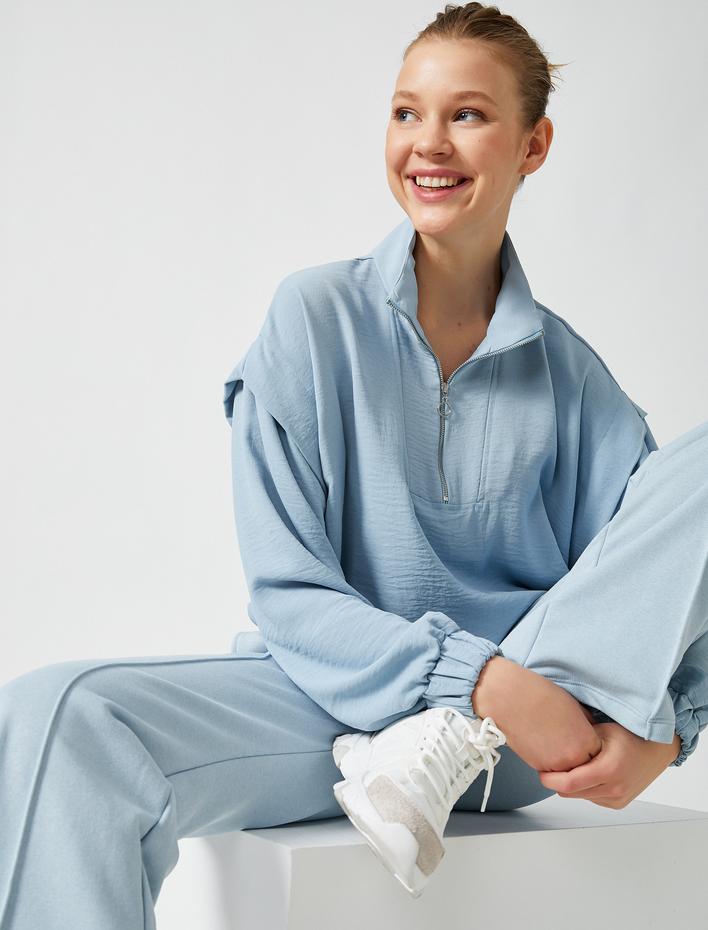  Uzun Kollu Bluz Fermuarlı Dik Yaka