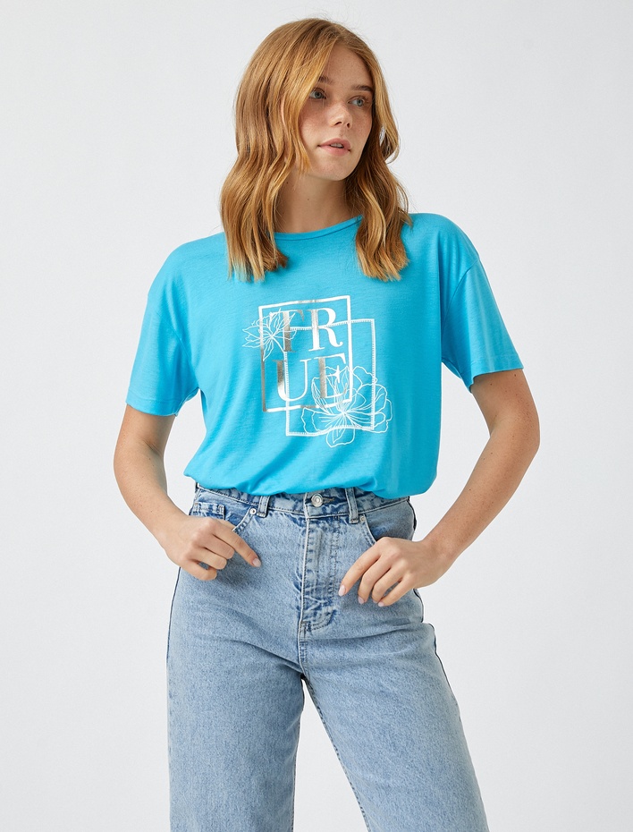  Bisiklet Yaka Kısa Kollu Baskılı Tişört