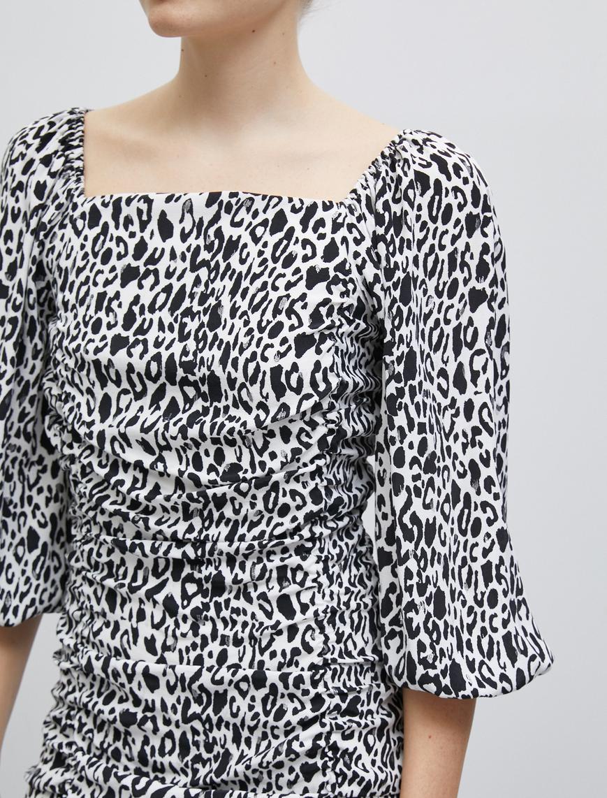   Leopar Desenli Elbise Balon Kollu Mini