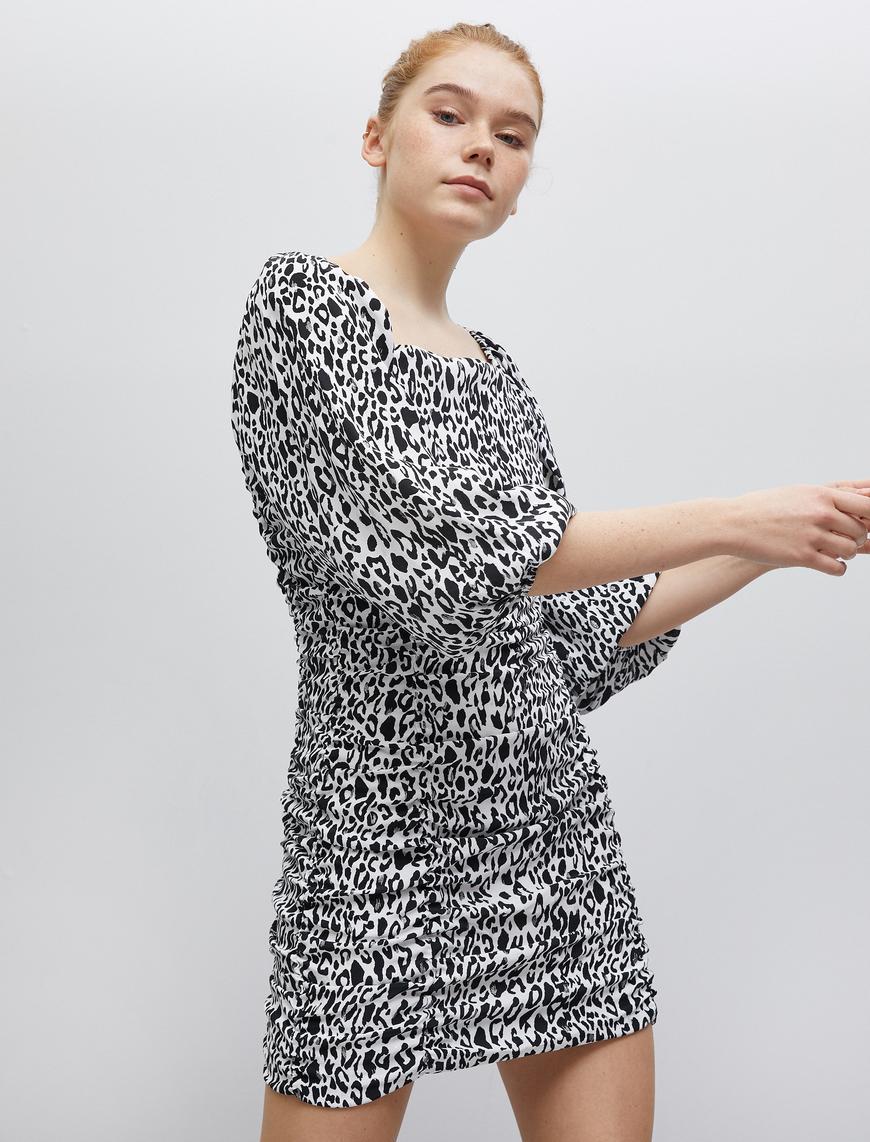   Leopar Desenli Elbise Balon Kollu Mini