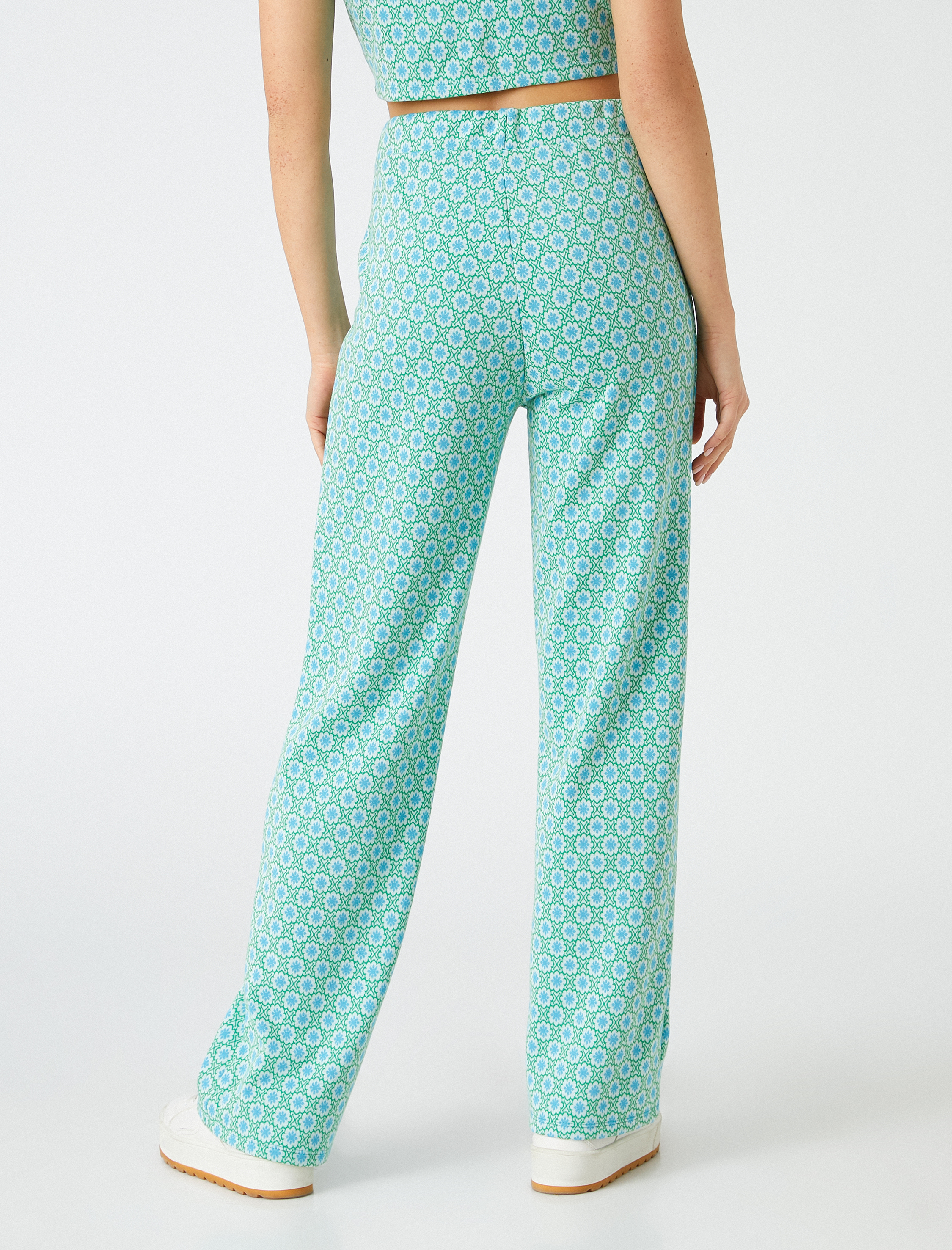   Geniş Paça Pantolon Beli Lastikli Çiçek Desenli