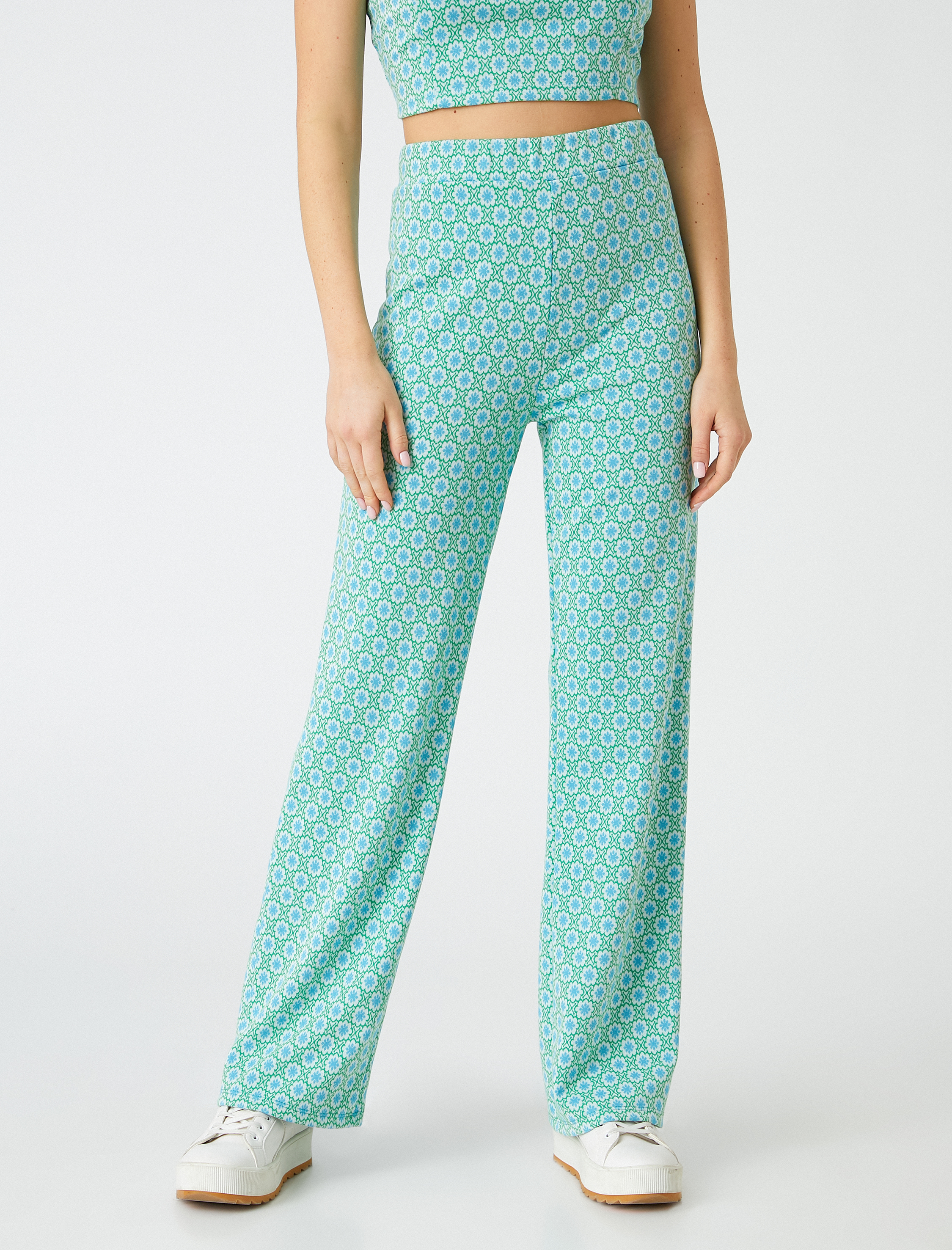   Geniş Paça Pantolon Beli Lastikli Çiçek Desenli