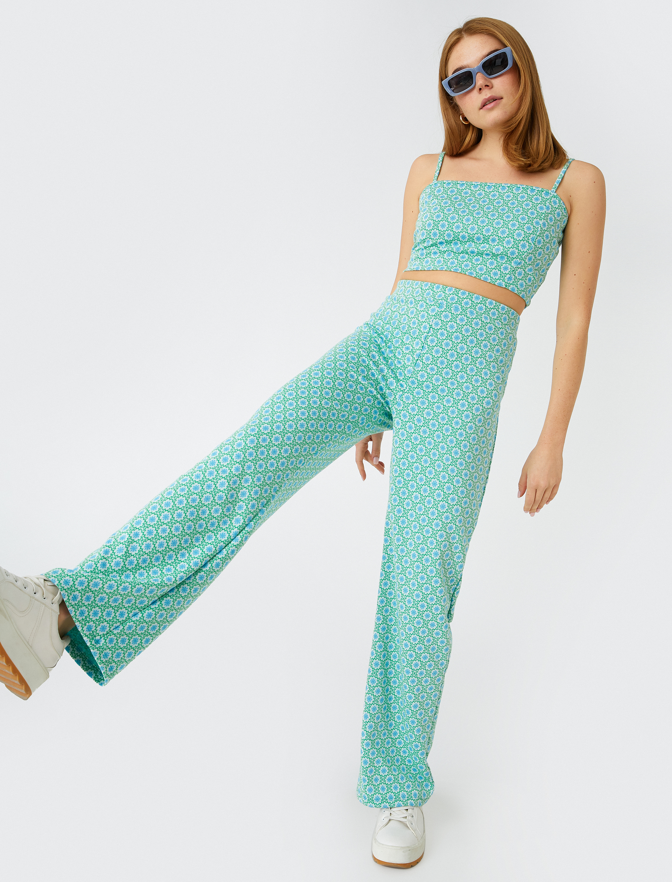   Geniş Paça Pantolon Beli Lastikli Çiçek Desenli