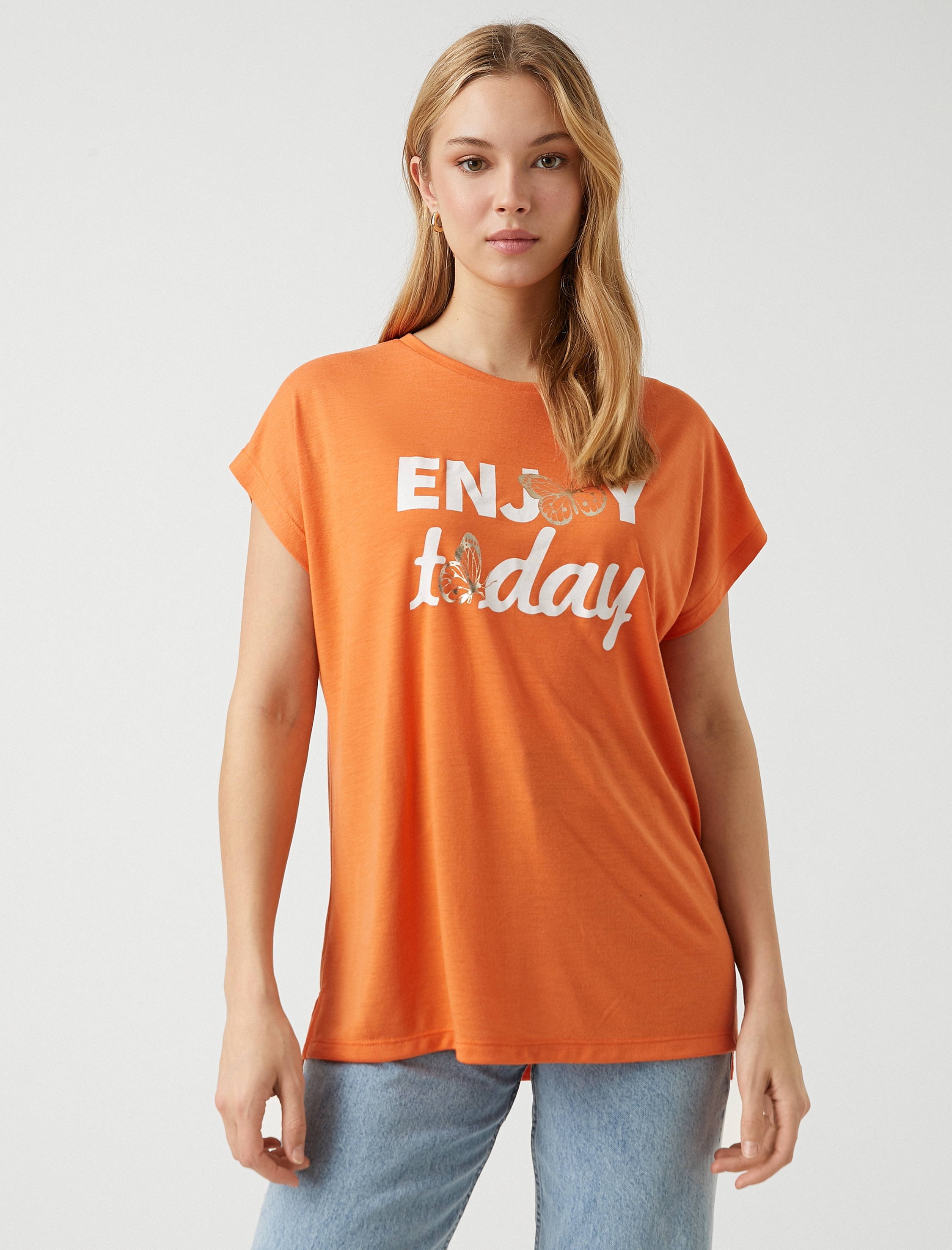   Slogan Baskılı Tişört Kısa Kollu Bisiklet Yaka