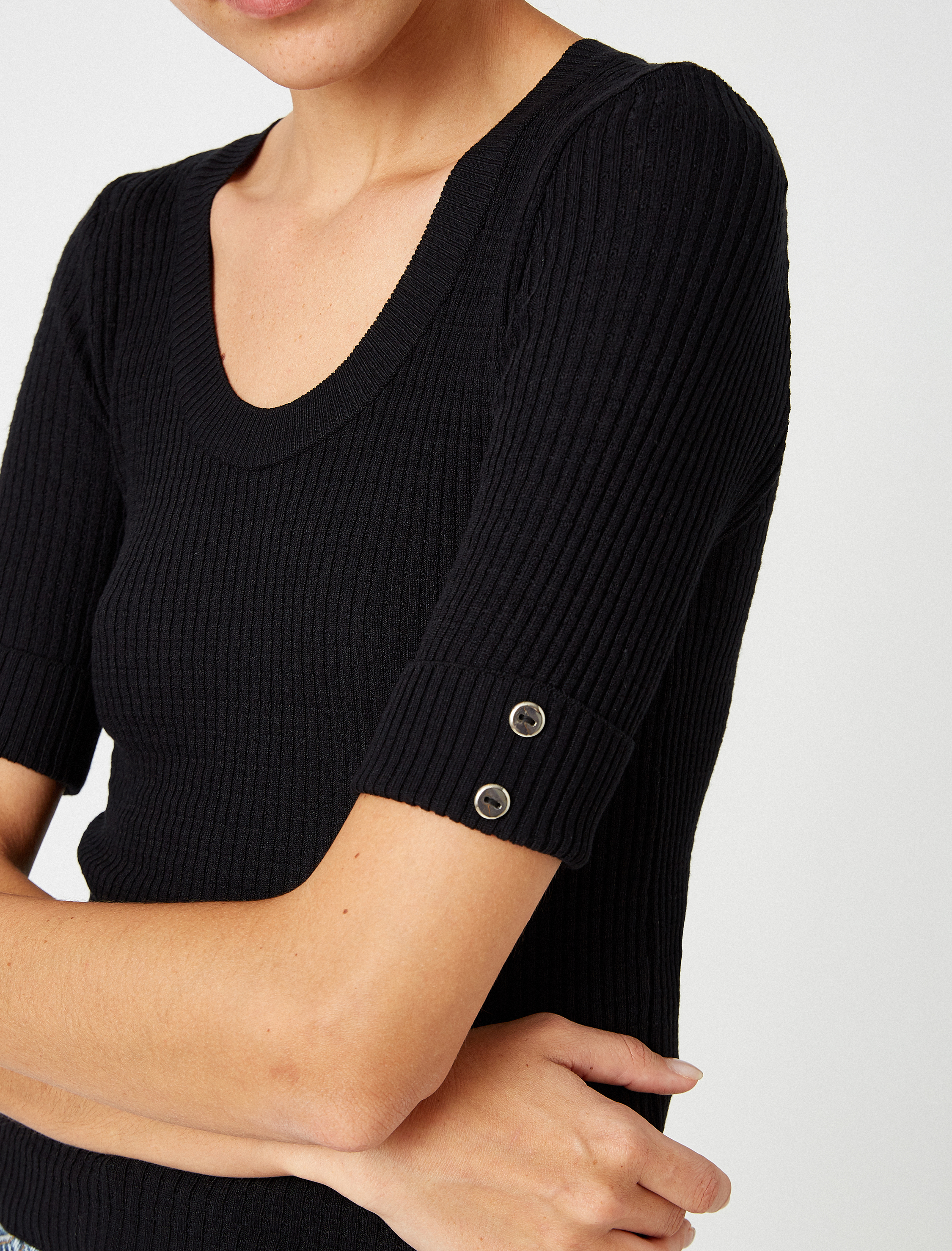   3 /4 Kol Düğme Detaylı V Yaka Triko Kazak