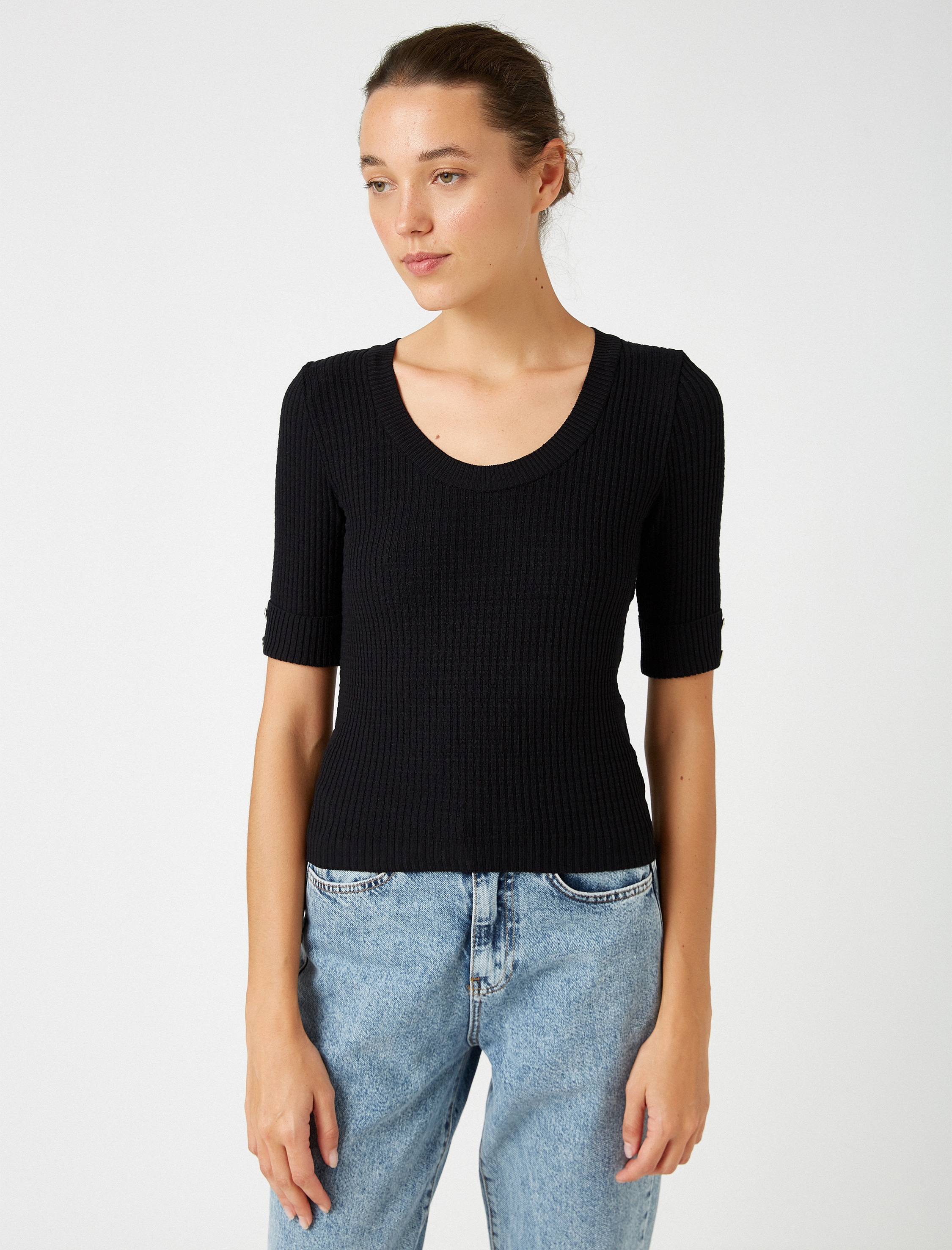   3 /4 Kol Düğme Detaylı V Yaka Triko Kazak