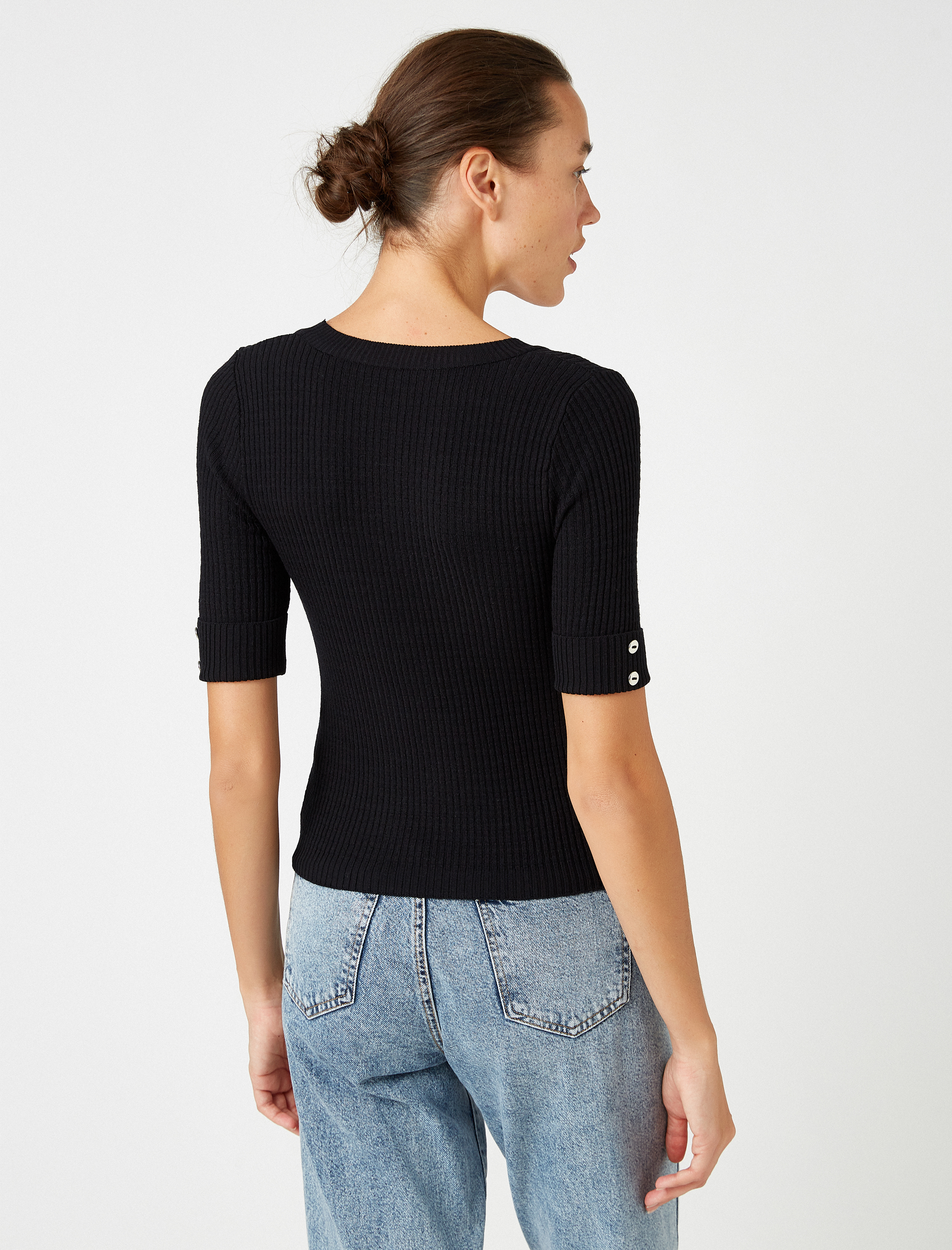   3 /4 Kol Düğme Detaylı V Yaka Triko Kazak