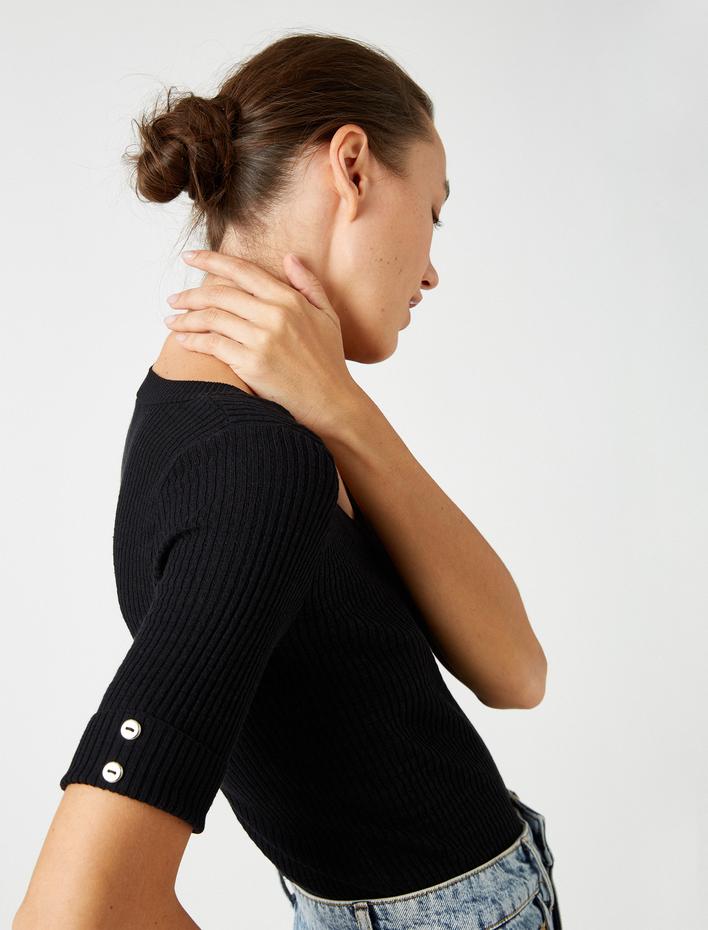  3 /4 Kol Düğme Detaylı V Yaka Triko Kazak